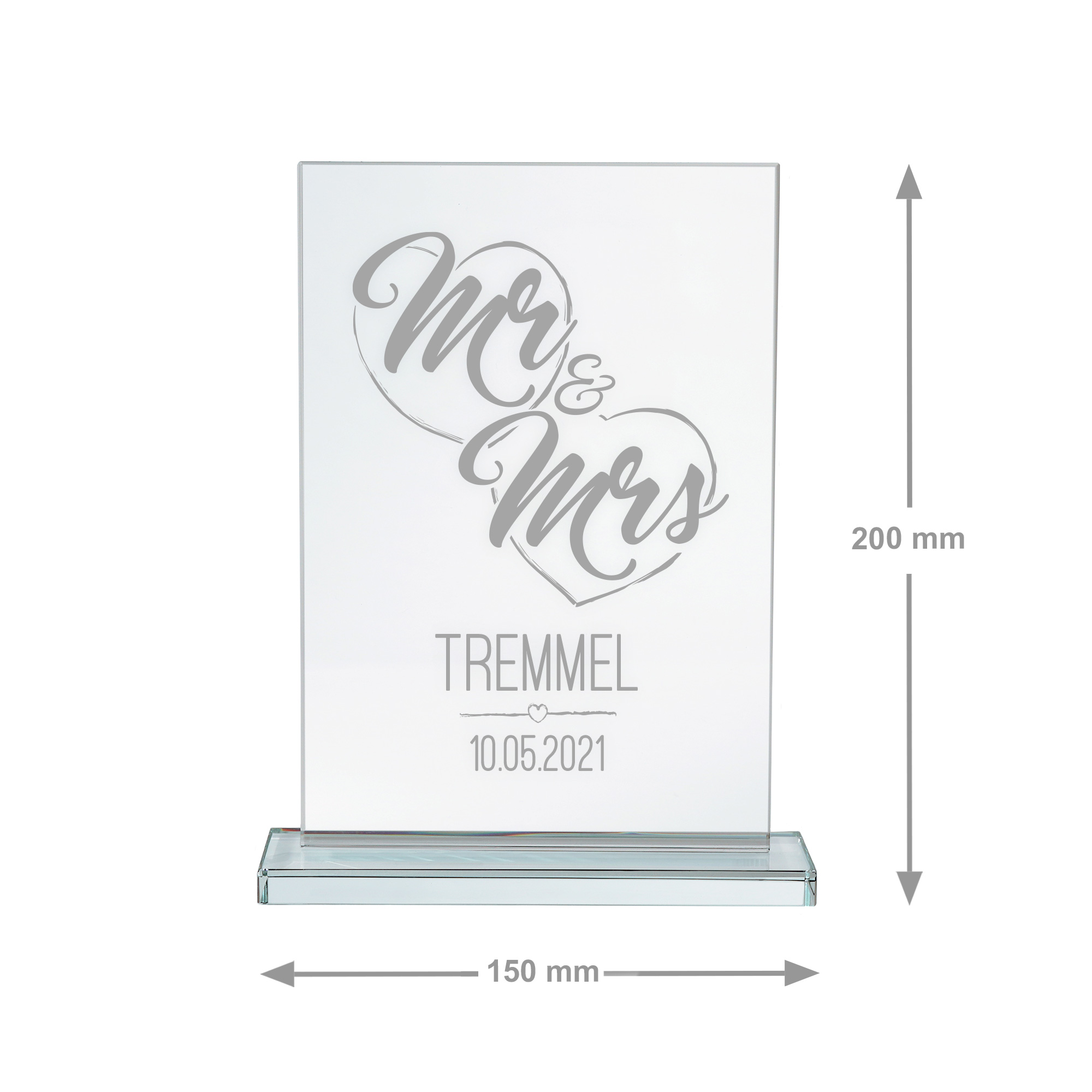 Glas Pokal für Paare, gravierte Glasdeko zur Hochzeit oder Hochzeitstag, Tischdeko Glaspokal mit Gravur Mr & Mrs, personalisierte Glastrophäe mit So