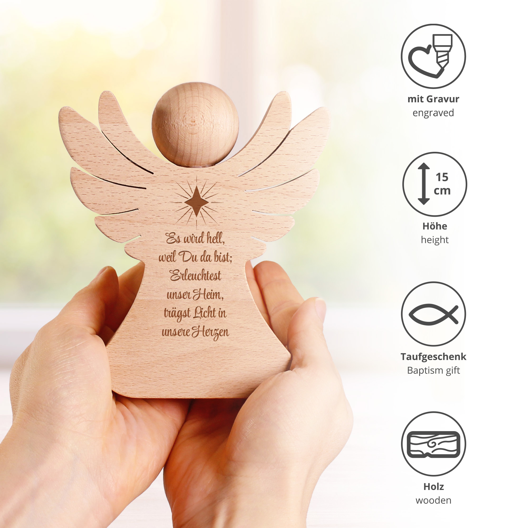 Holzfigur mit Namen personalisiert Holzengel Taufgeschenk für Mädchen und Jungen mit niedlichem Motiv Geschenke 24 Holz Engel mit Gravur zur Geburt 