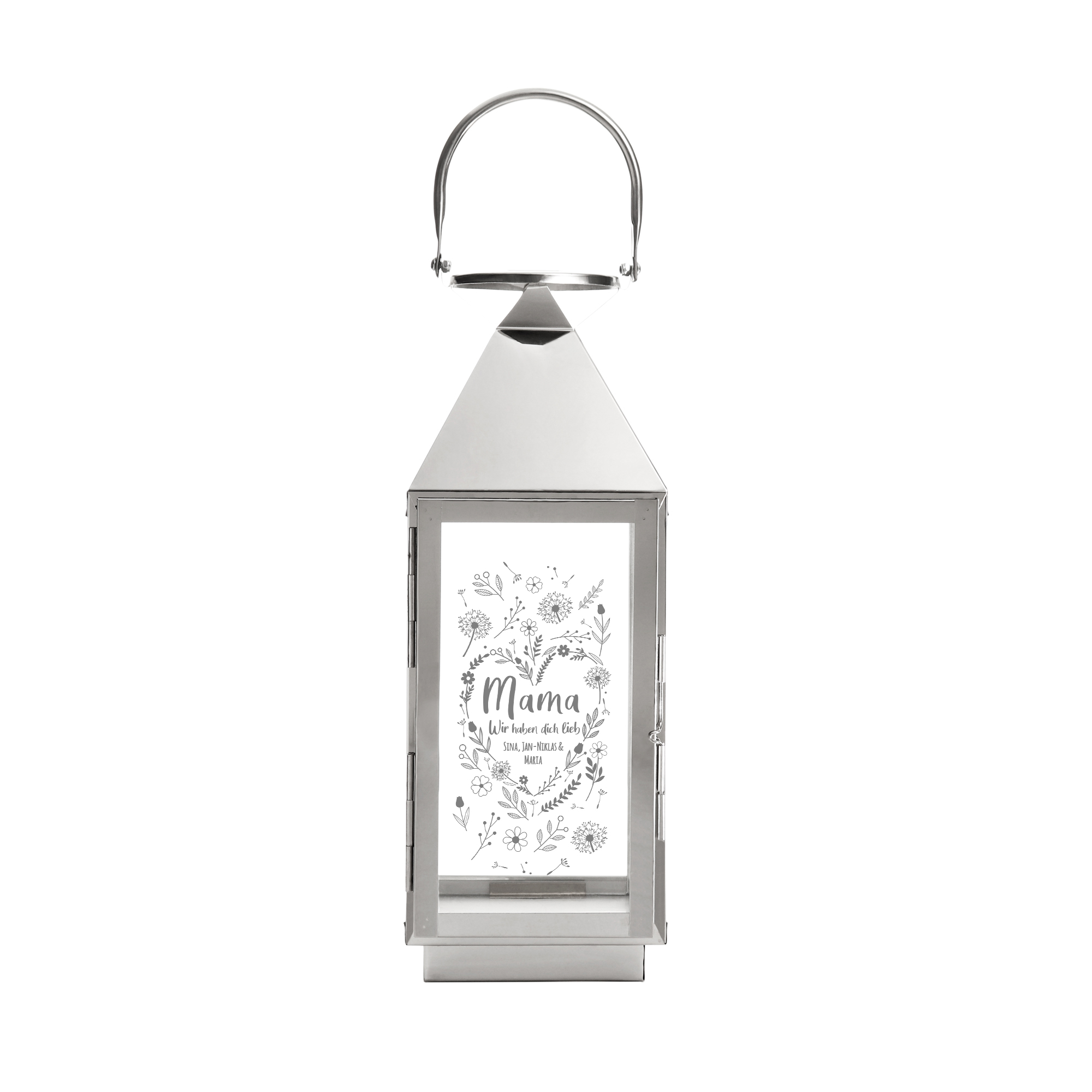 Die personalisierte Laterne - Blumenherz für Mama ist wetterfest für draußen und eine silberne Laterne outdoor als Muttertagsgeschenk