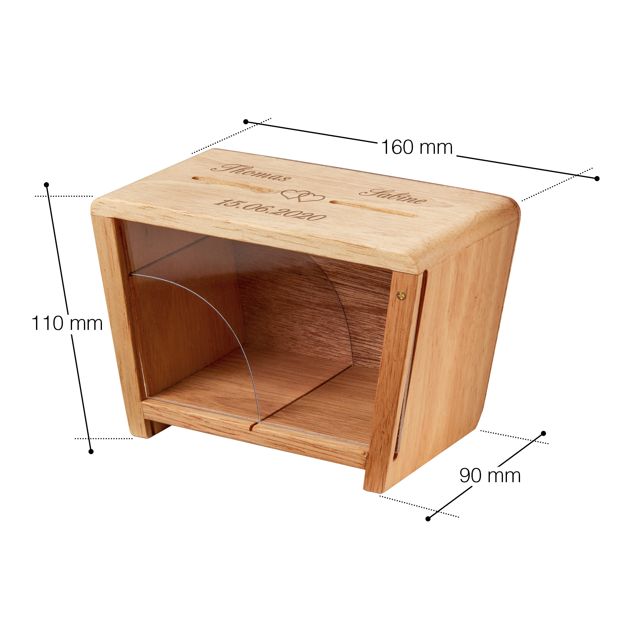 Holz Spardose zur Hochzeit mit Gravur Er und Sie - Herzen - Personalisiert