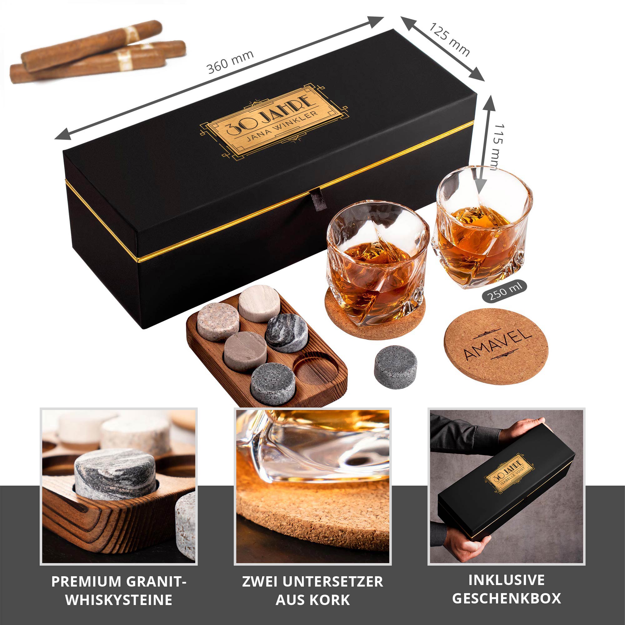 Whisky Set zum 30. Geburtstag mit Gläsern und Kühlsteinen, gravierte Whiskey Geschenkbox, Whiskygläser Kork Untersetzer und Granit Whiskysteine