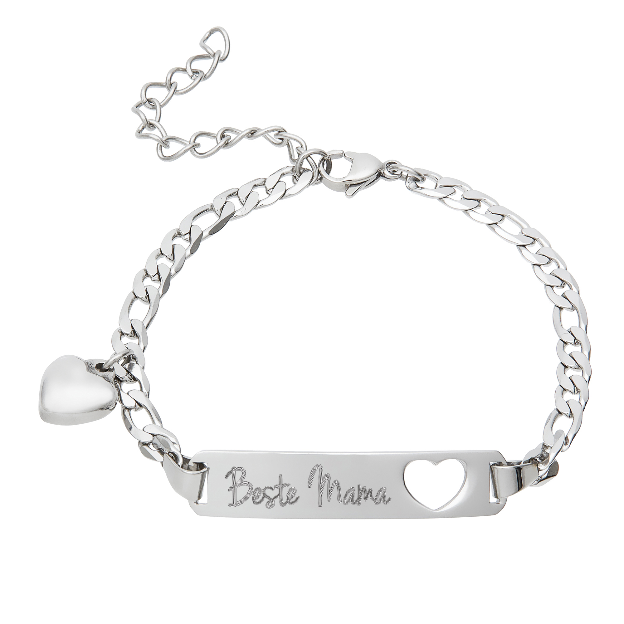 Silber Armband mit Gravur als Muttertagsgeschenk, Damenarmband aus Edelstahl für Beste Mama, graviertes Armkettchen mit ausgestanztem Herz für Mutti