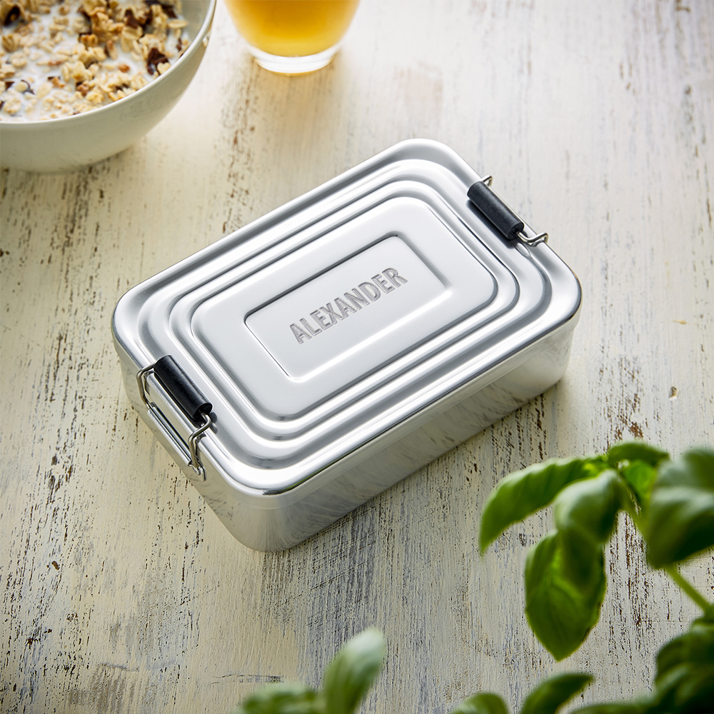 Eckige Brotdose mit Gravur aus Aluminium - Lunchbox - Personalisiert