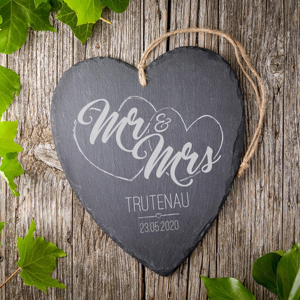 Schieferherz mit Gravur zur Hochzeit - Mr und Mrs - Personalisiert