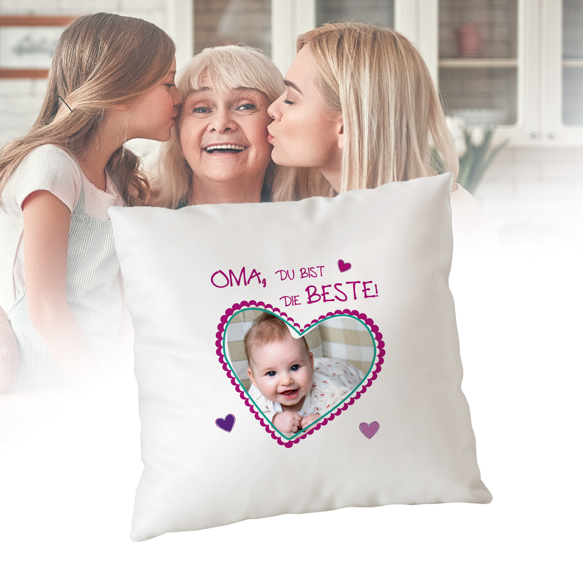 Kissen - Oma du bist die Beste - Fotoherz - Personalisiert