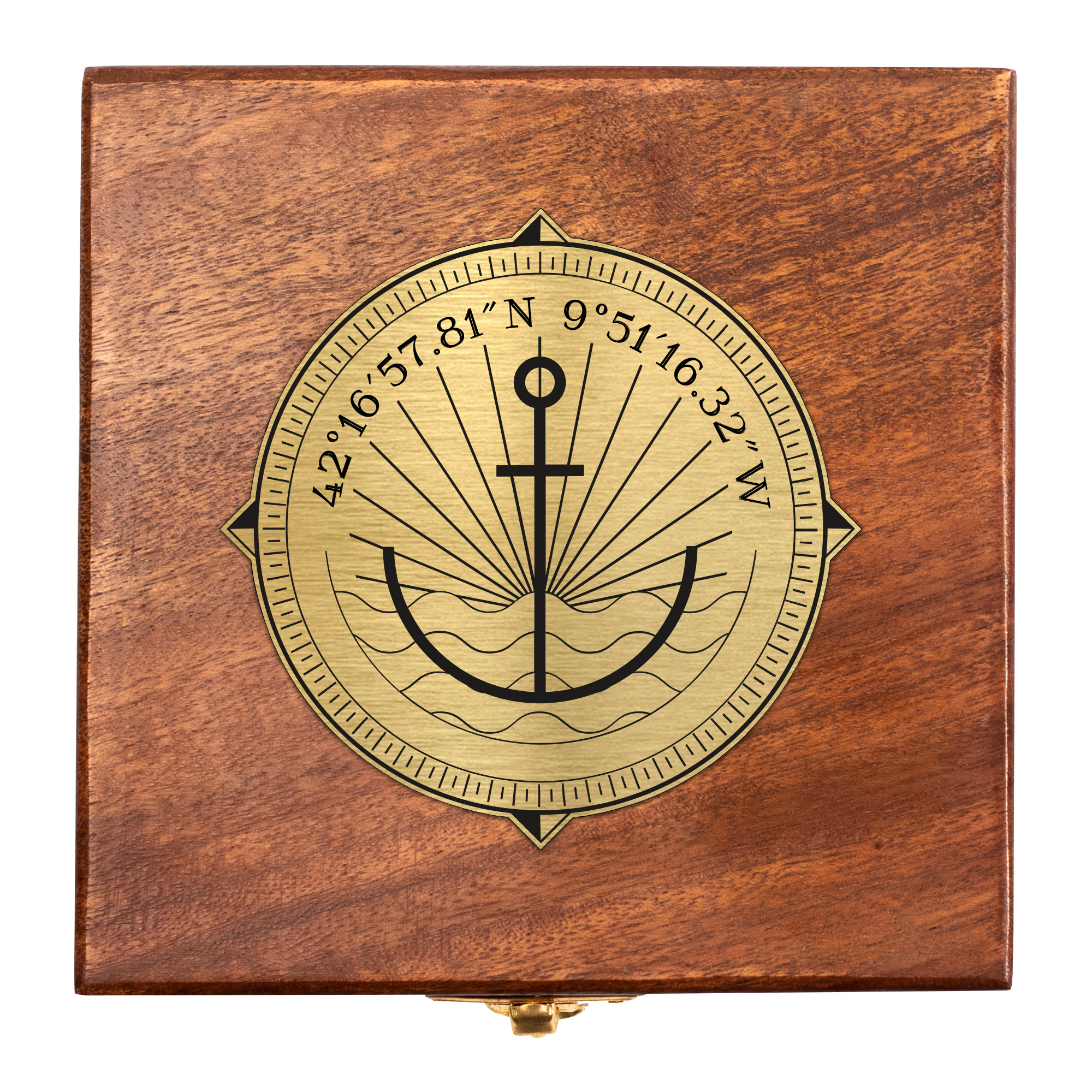 Kompass Sonnenuhr in Holzbox mit Gravur - Geokoordinaten