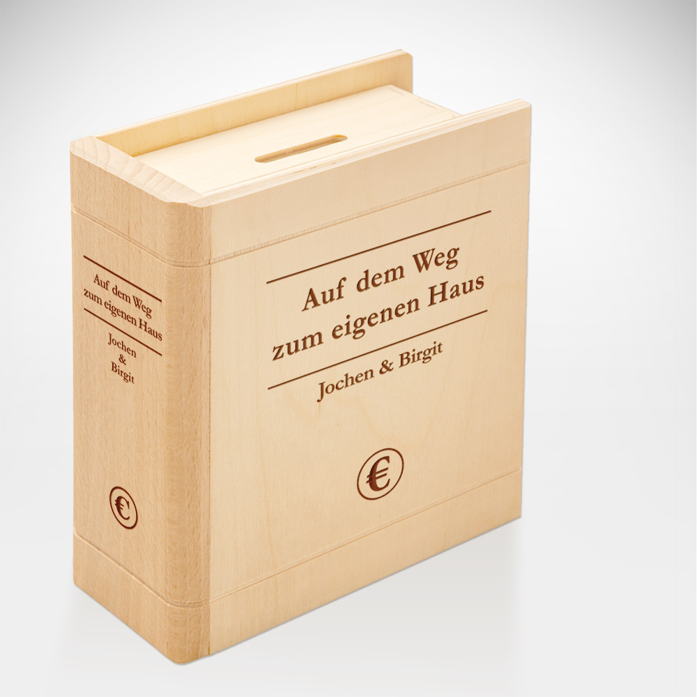 Spardose Buch aus Holz mit Gravur