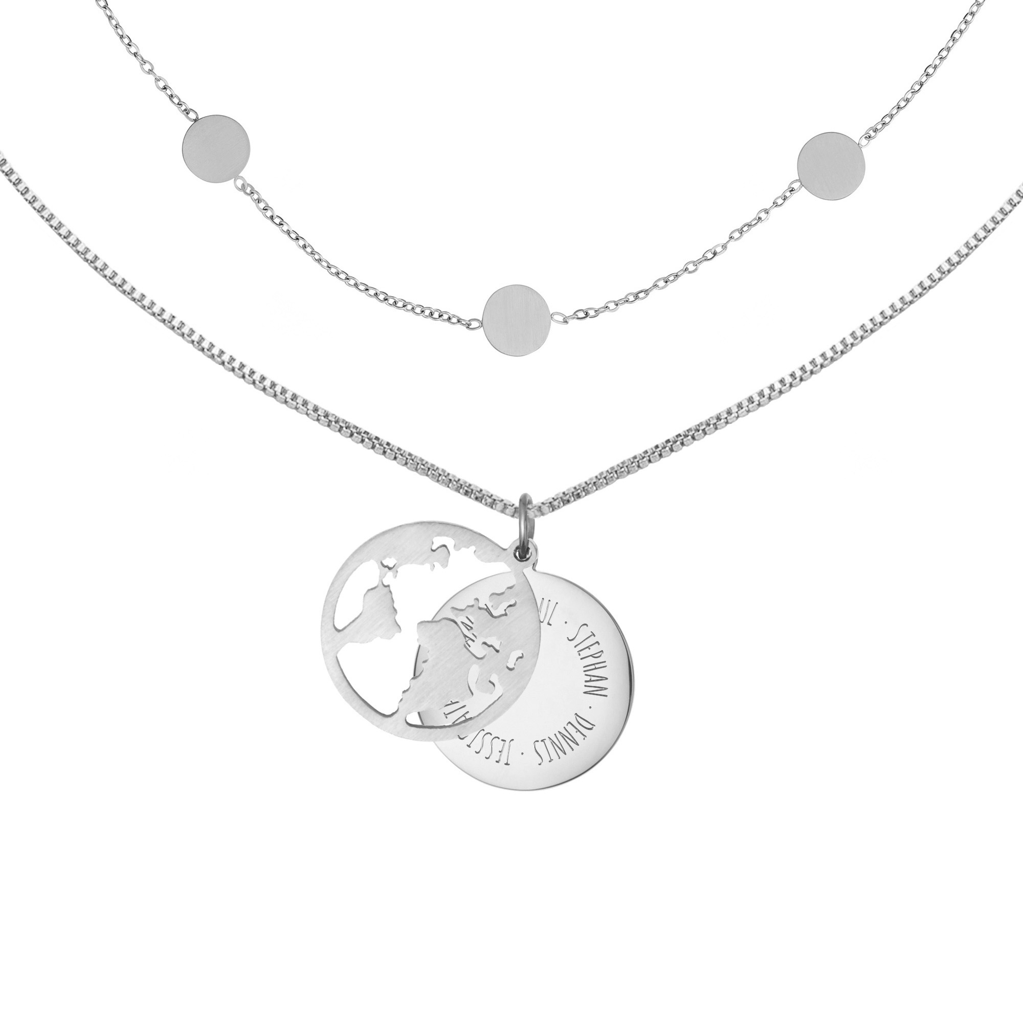 Schmuckset Silber mit Globus und Layering Kette - Namen