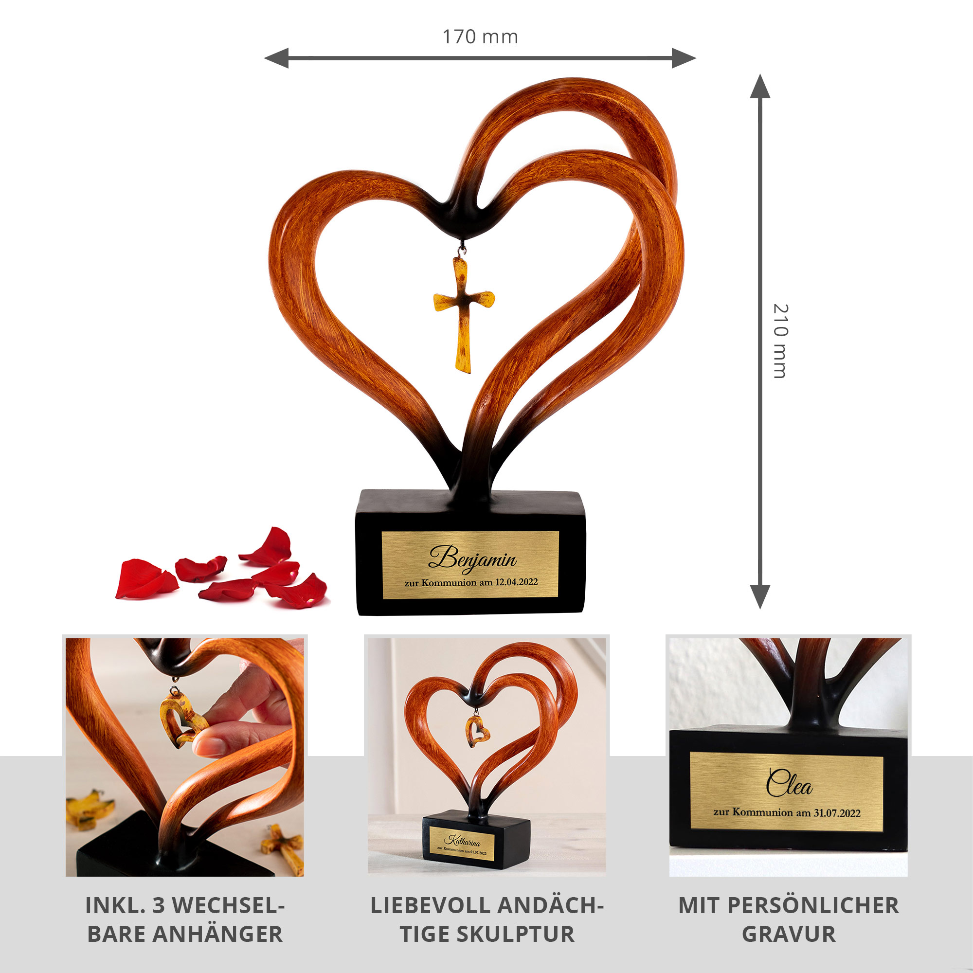 Personalisierte Holz Herz Skulptur zur Kommunion