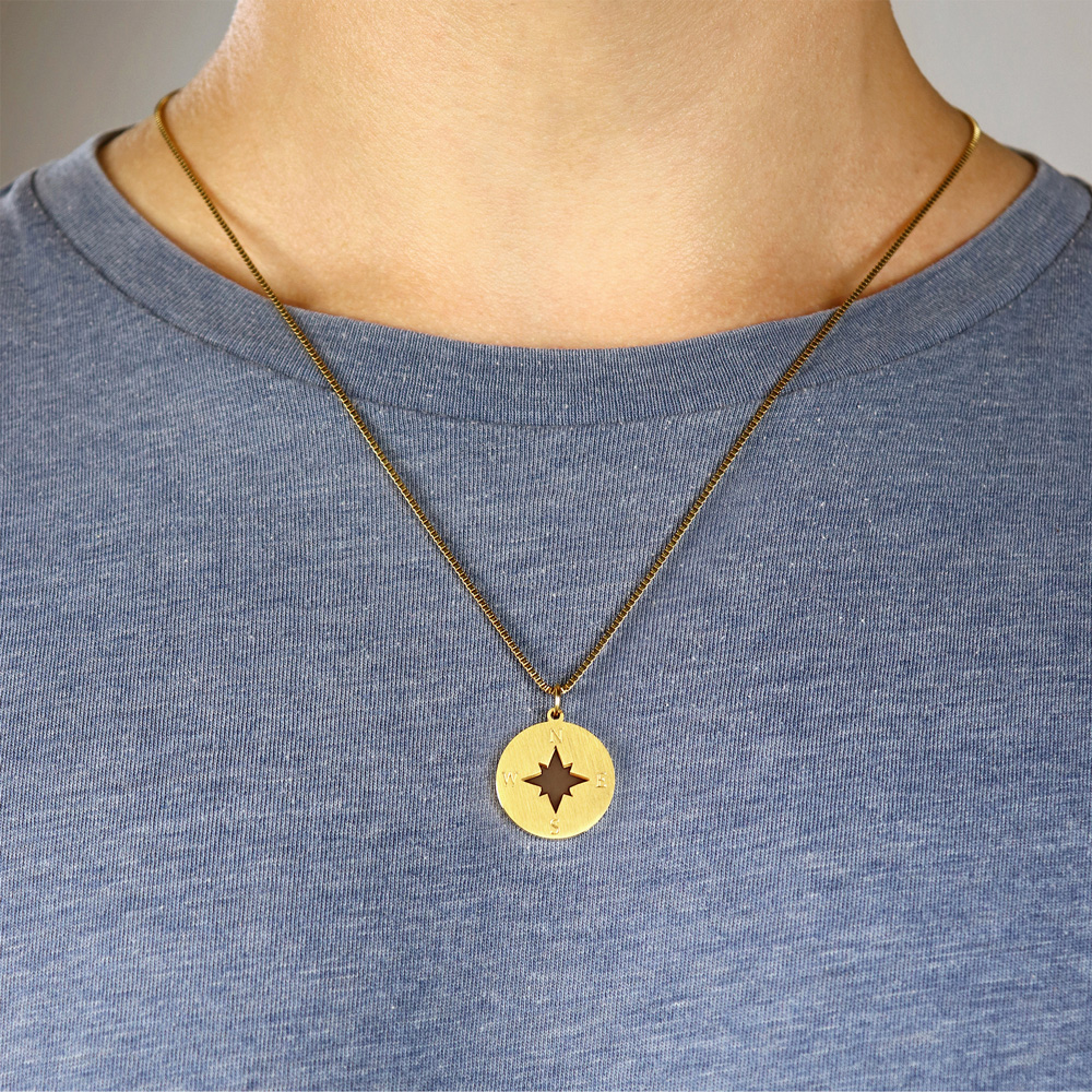 Halskette mit Gravur - Kompass und Geokoordinaten - Gold - Personalisiert