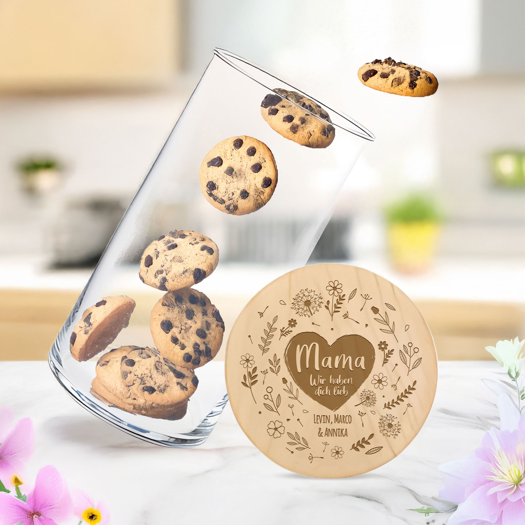 Vorratsglas mit Gravur - Blumenherz für Mama