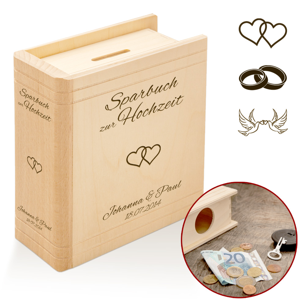 Spardose Buch aus Holz zur Hochzeit mit Spruch mit Gravur