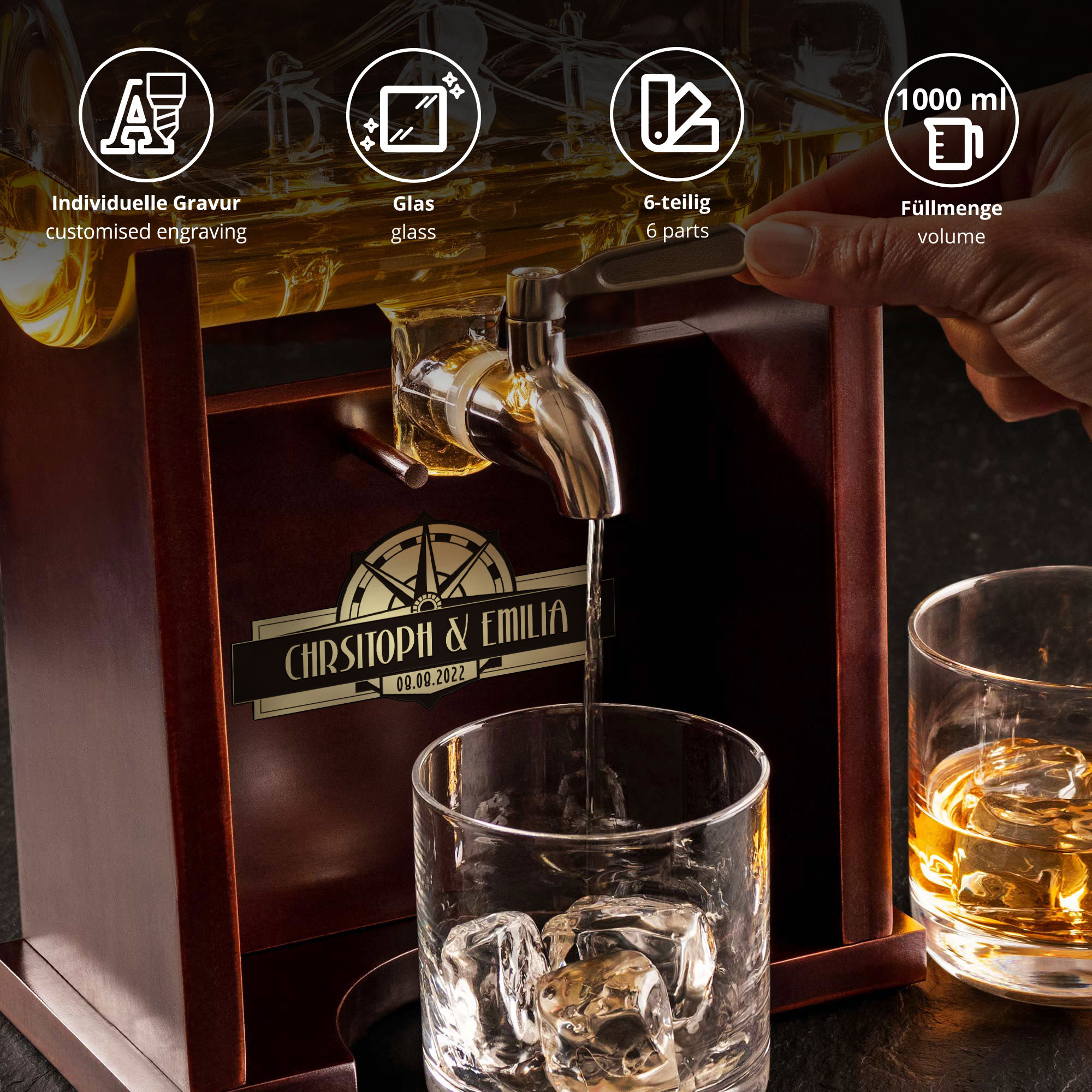 Whisky Set mit Gravur - Karaffe Fass mit 2 Whiskygläsern