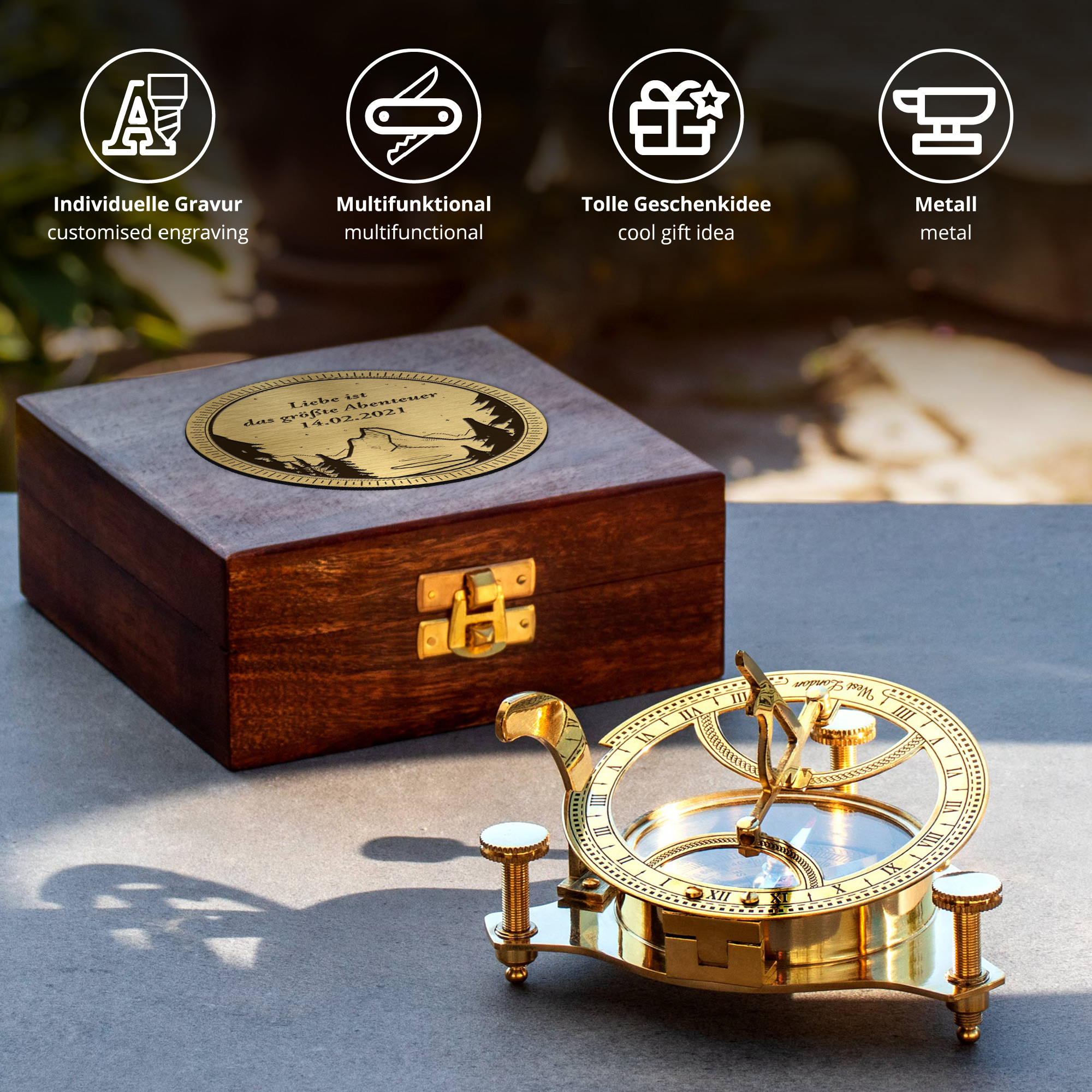 Kompass Sonnenuhr in Holzbox mit Gravur