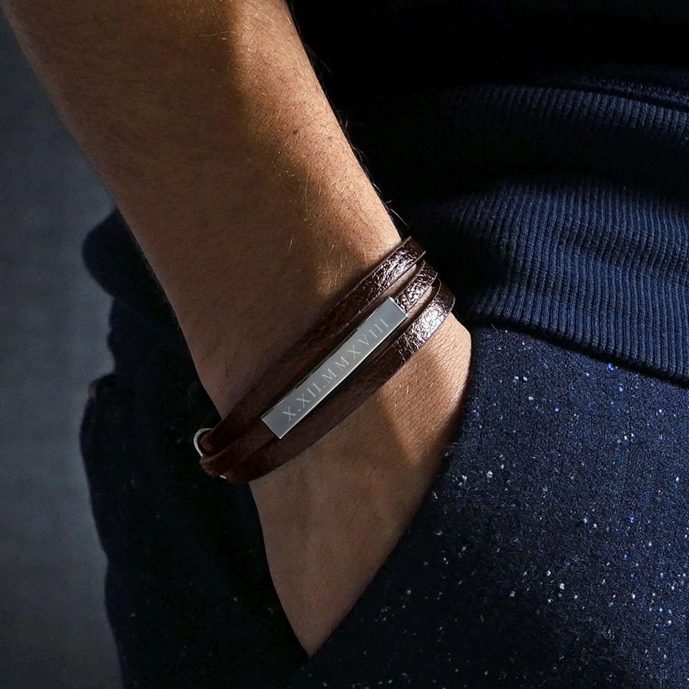 Herrenarmband mit Gravur - Leder - Braun - Armband mit Römischen Zahlen