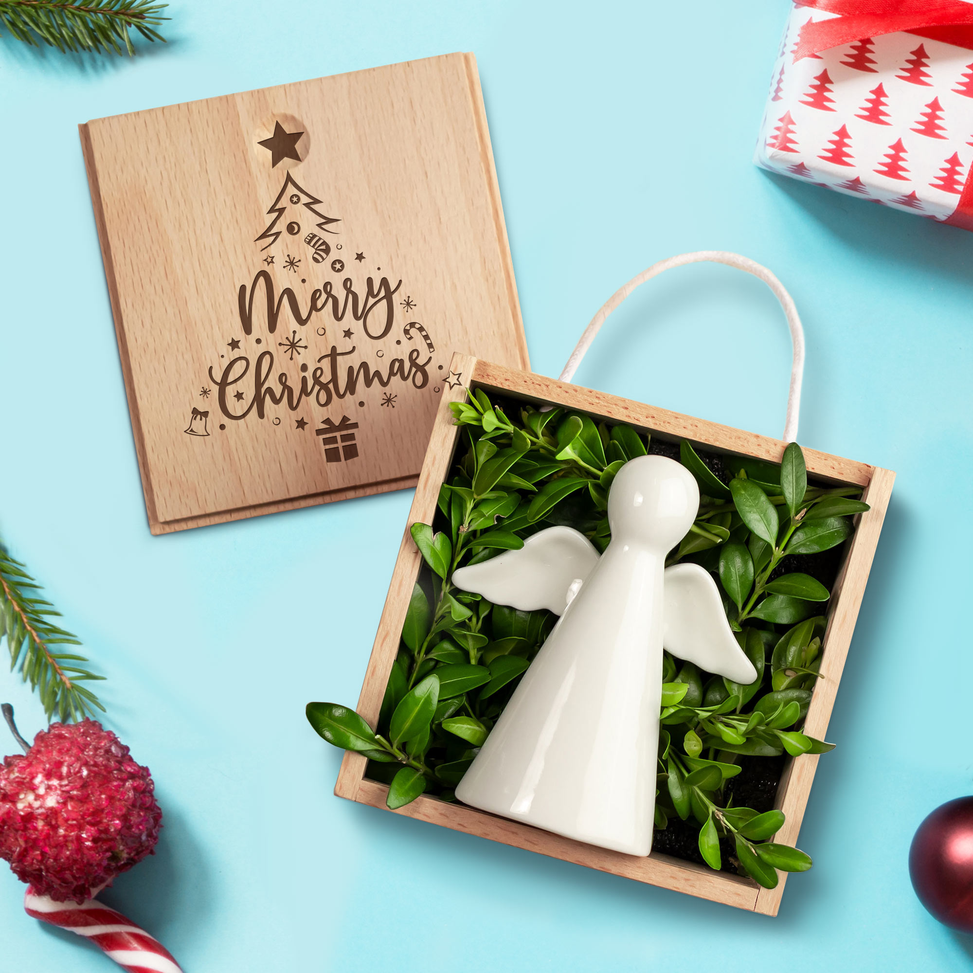 Engel in Holzbox - Weihnachtsbaum - Merry Christmas - Standard