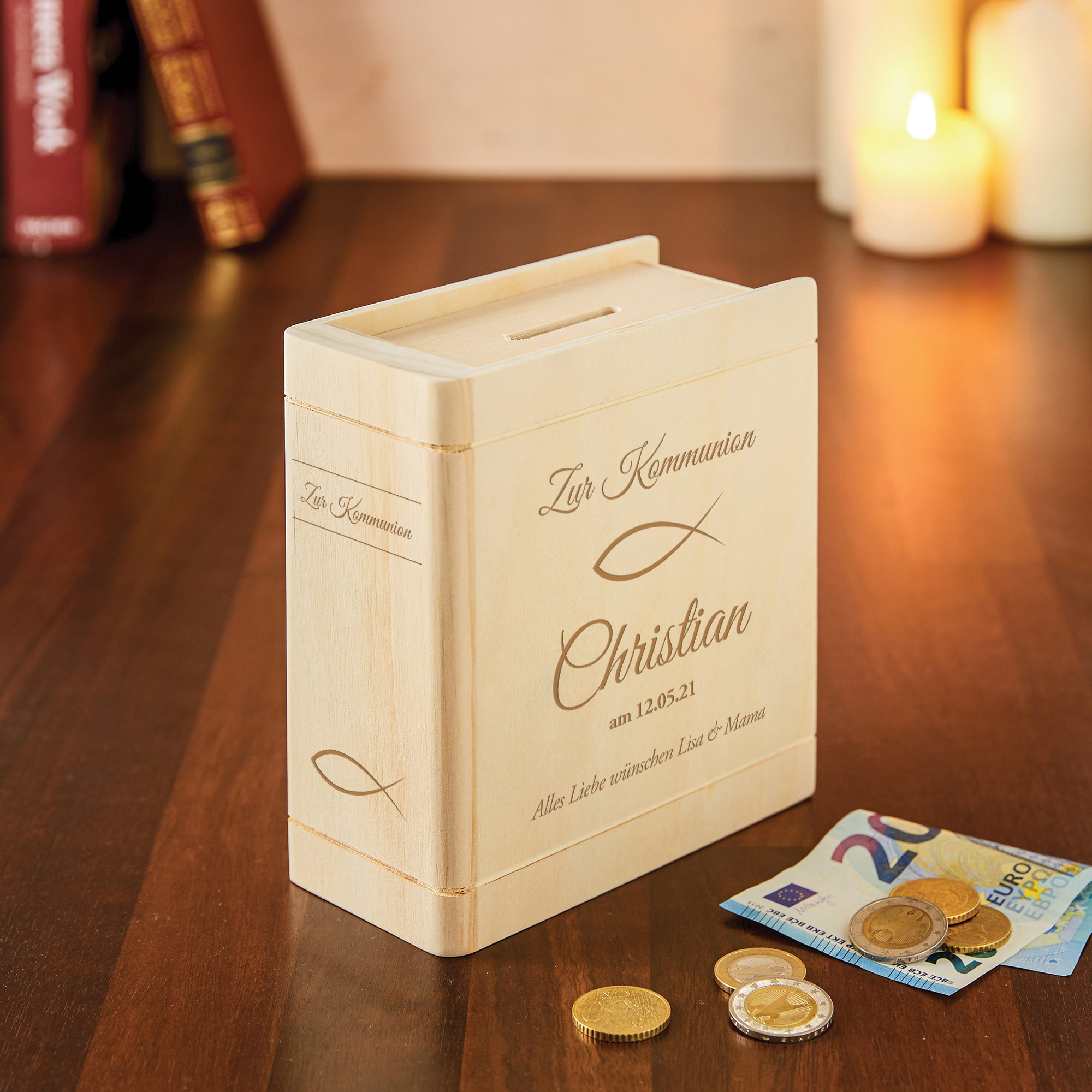 Spardose Buch aus Holz mit Gravur zur Kommunion - Personalisiert
