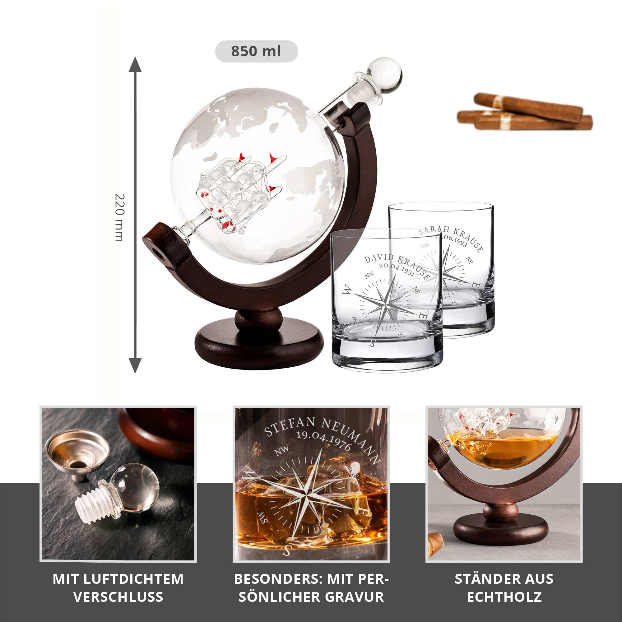 Whisky Set - Karaffe Globus und 2 Whiskygläser - Kompass