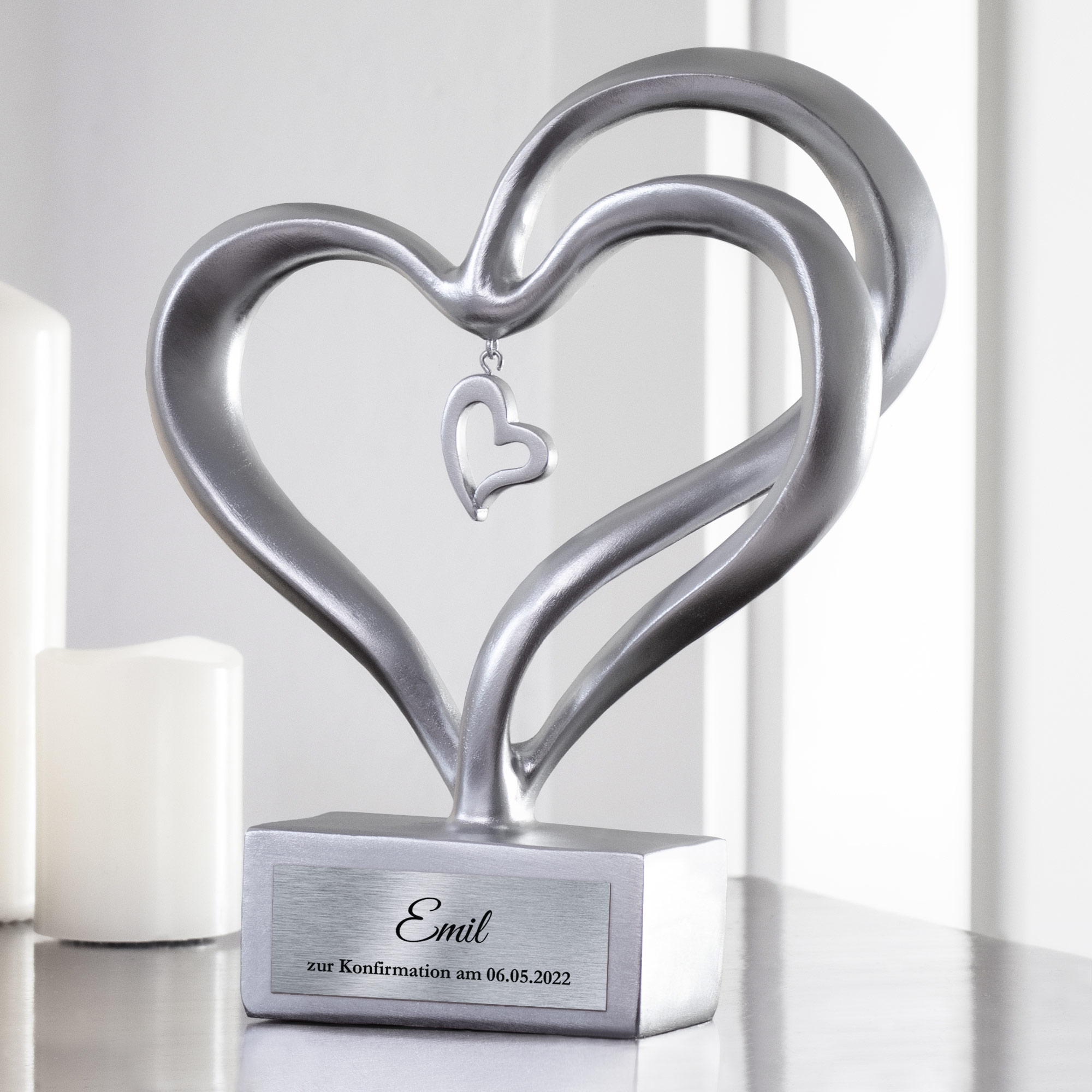 Personalisierte Silber Herz Skulptur zur Konfirmation