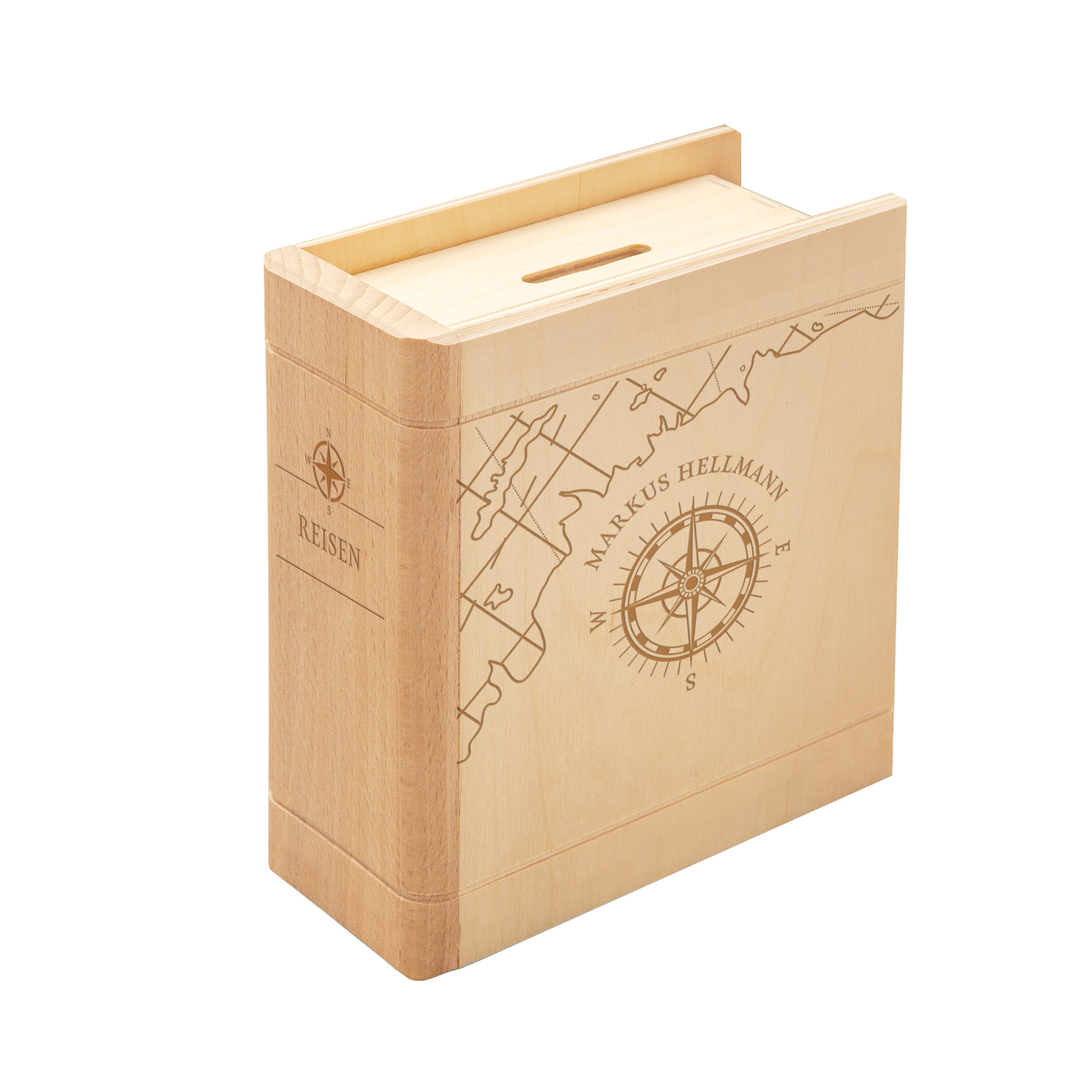 Spardose Buch aus Holz mit Kompass Gravur