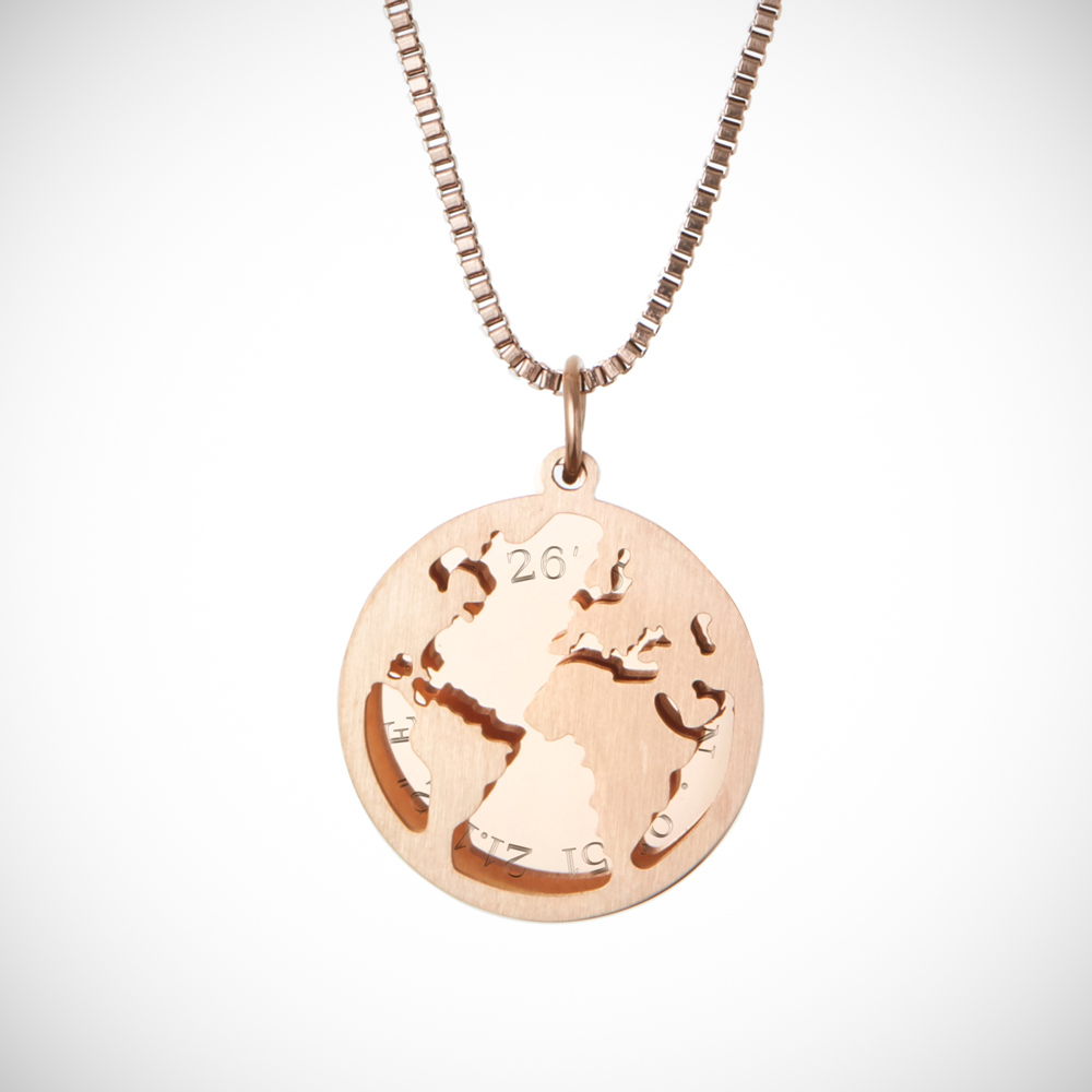 Halskette mit Gravur - Globus und Geokoordinaten - Roségold - Personalisiert