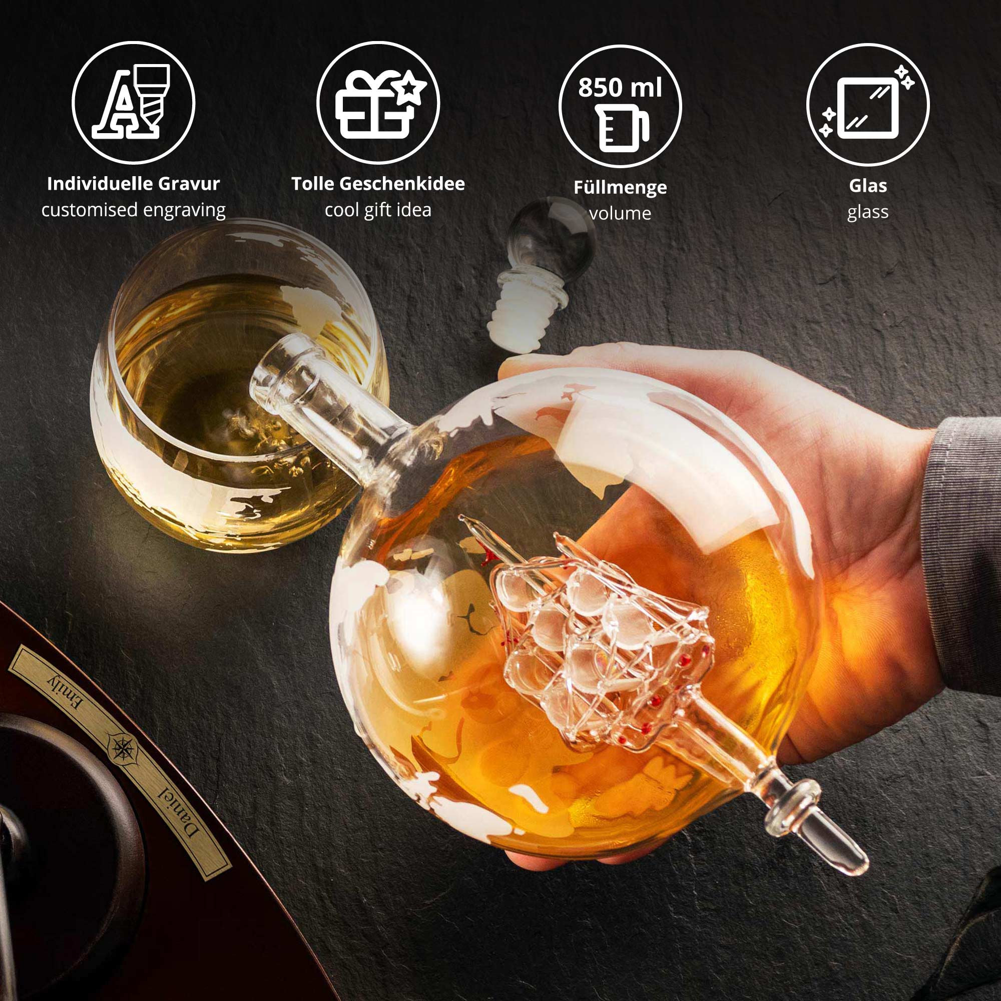 Whisky Set Kompass mit Karaffe, Tablett und 2 Gläsern - Personalisiert