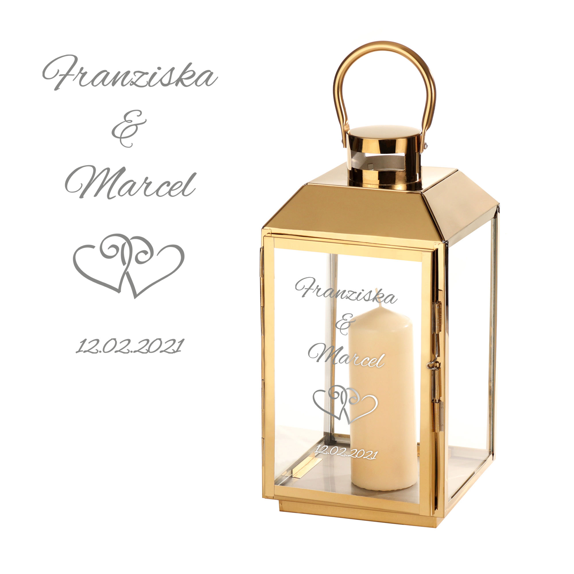 Laterne aus goldenem Edelstahl zur Hochzeit - Personalisiert