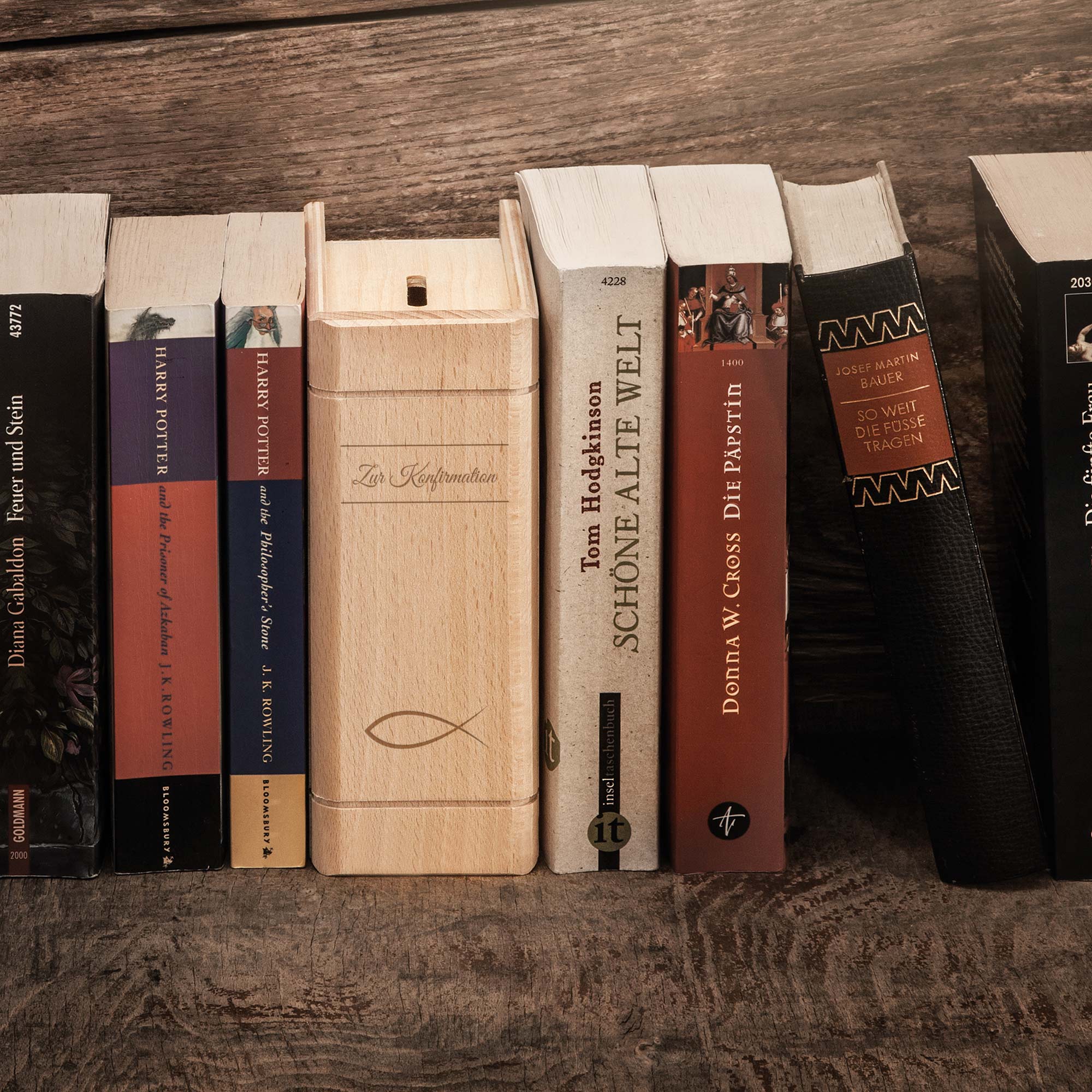 Spardose Buch aus Holz mit Gravur zur Konfirmation - Personalisiert