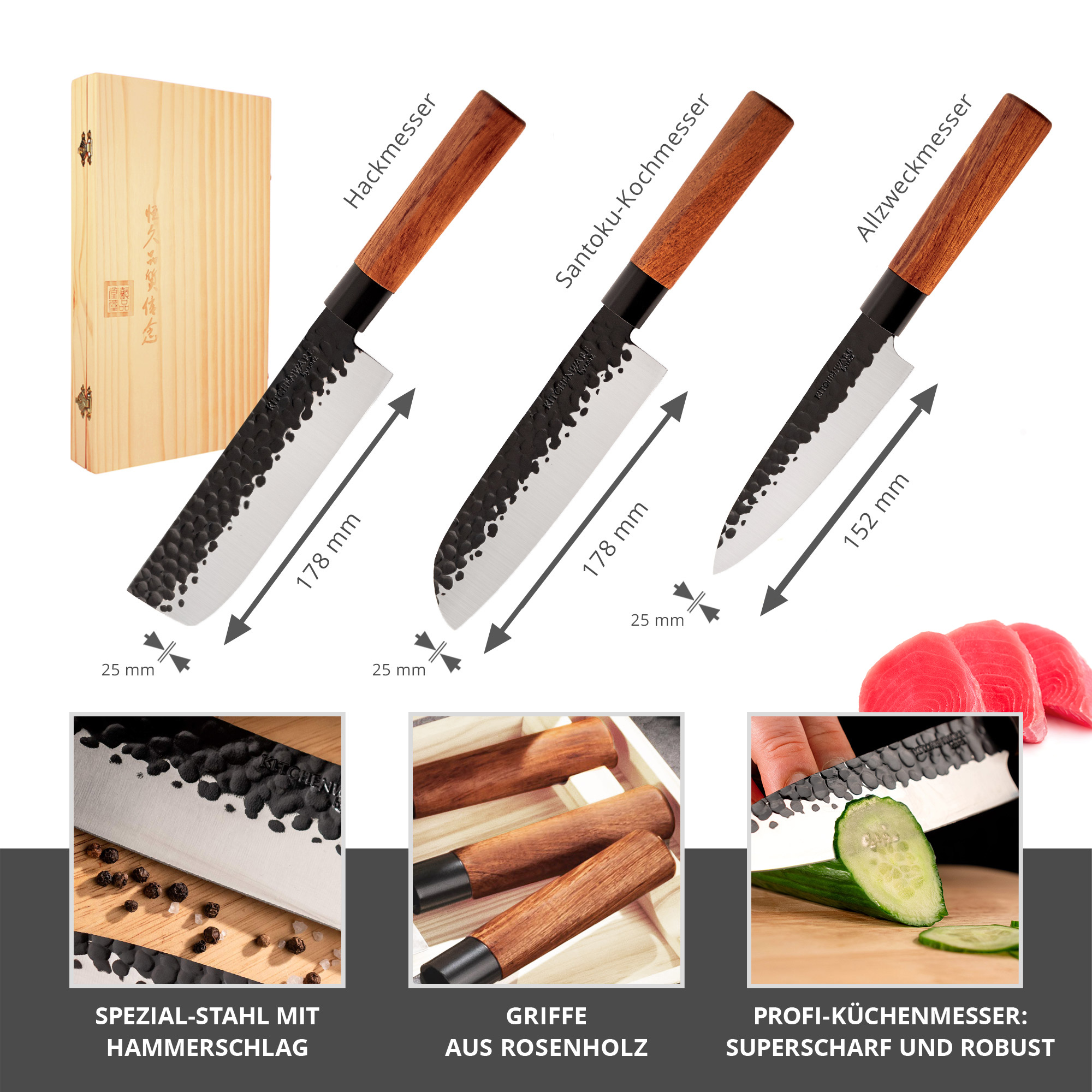 Küchenmesser in Holzbox - 3er Set
