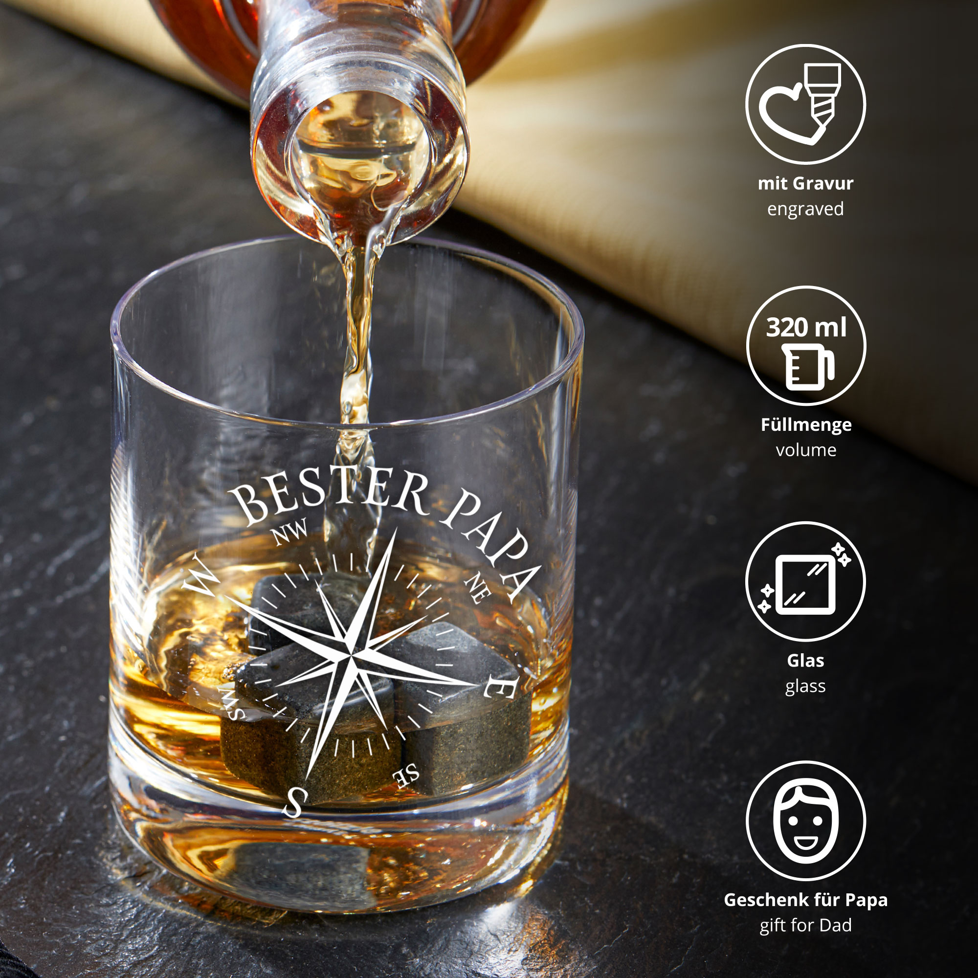 Whiskyglas mit Gravur Kompass - Bester Papa