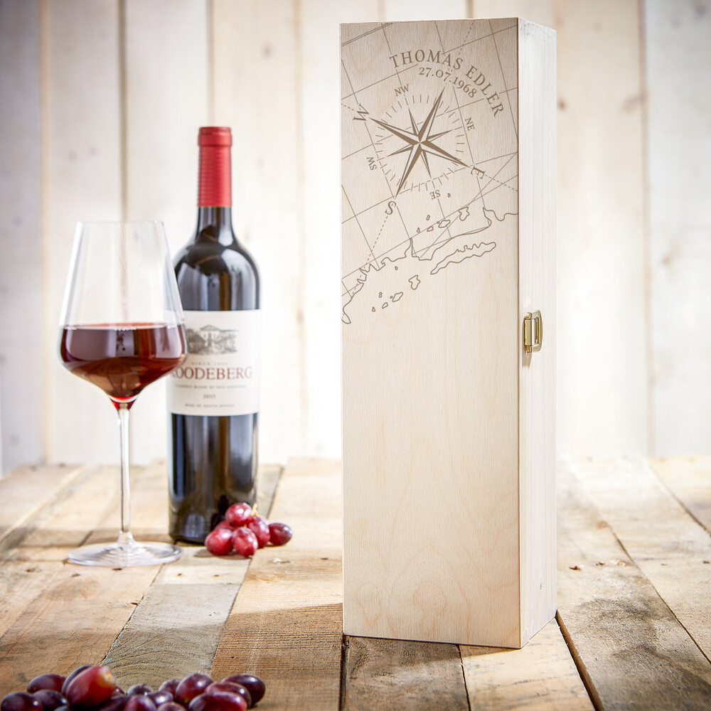Weinkiste mit Gravur Kompass - Personalisiert