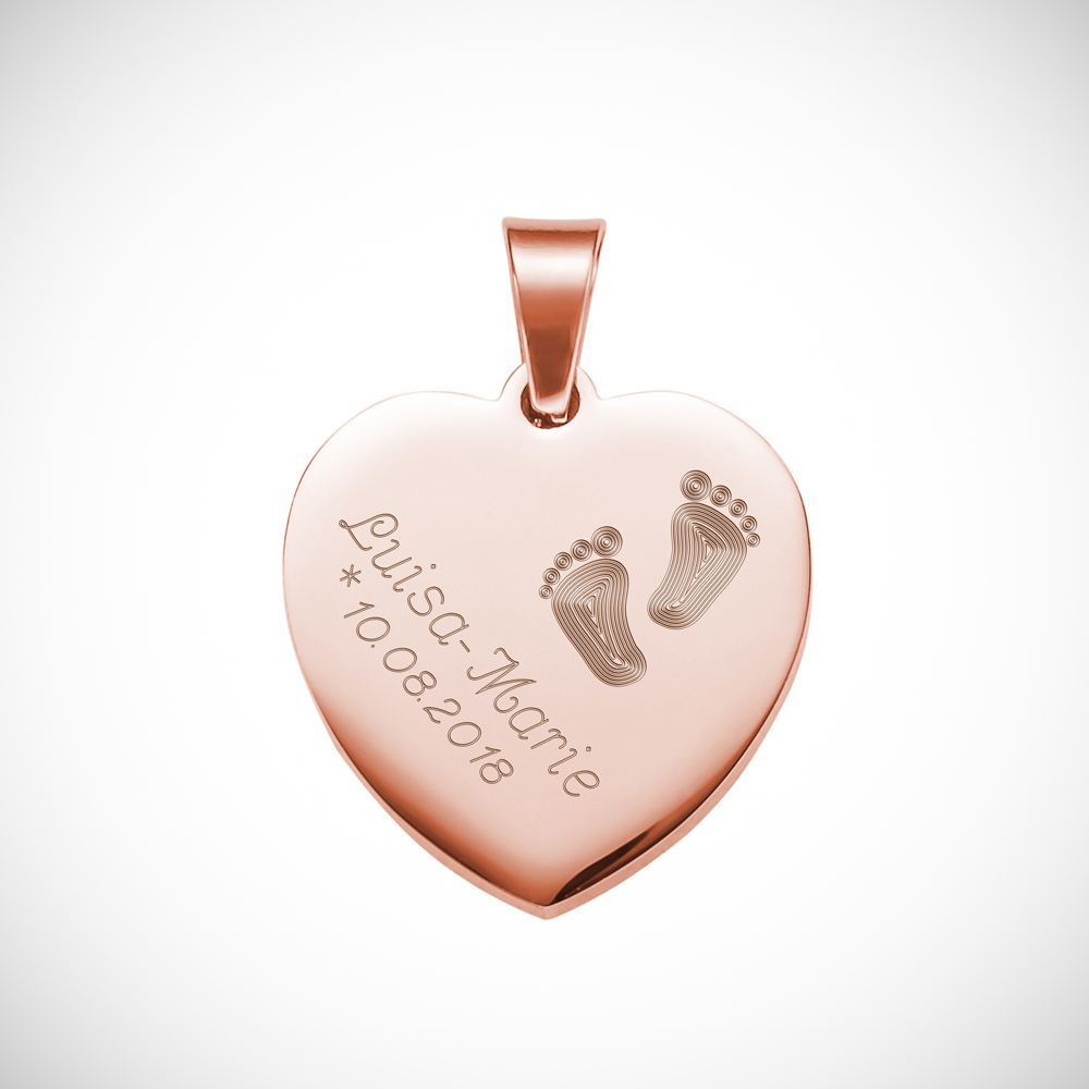 Herz Anhänger Kette mit Gravur Babyfuss - Rose - Personalisiert