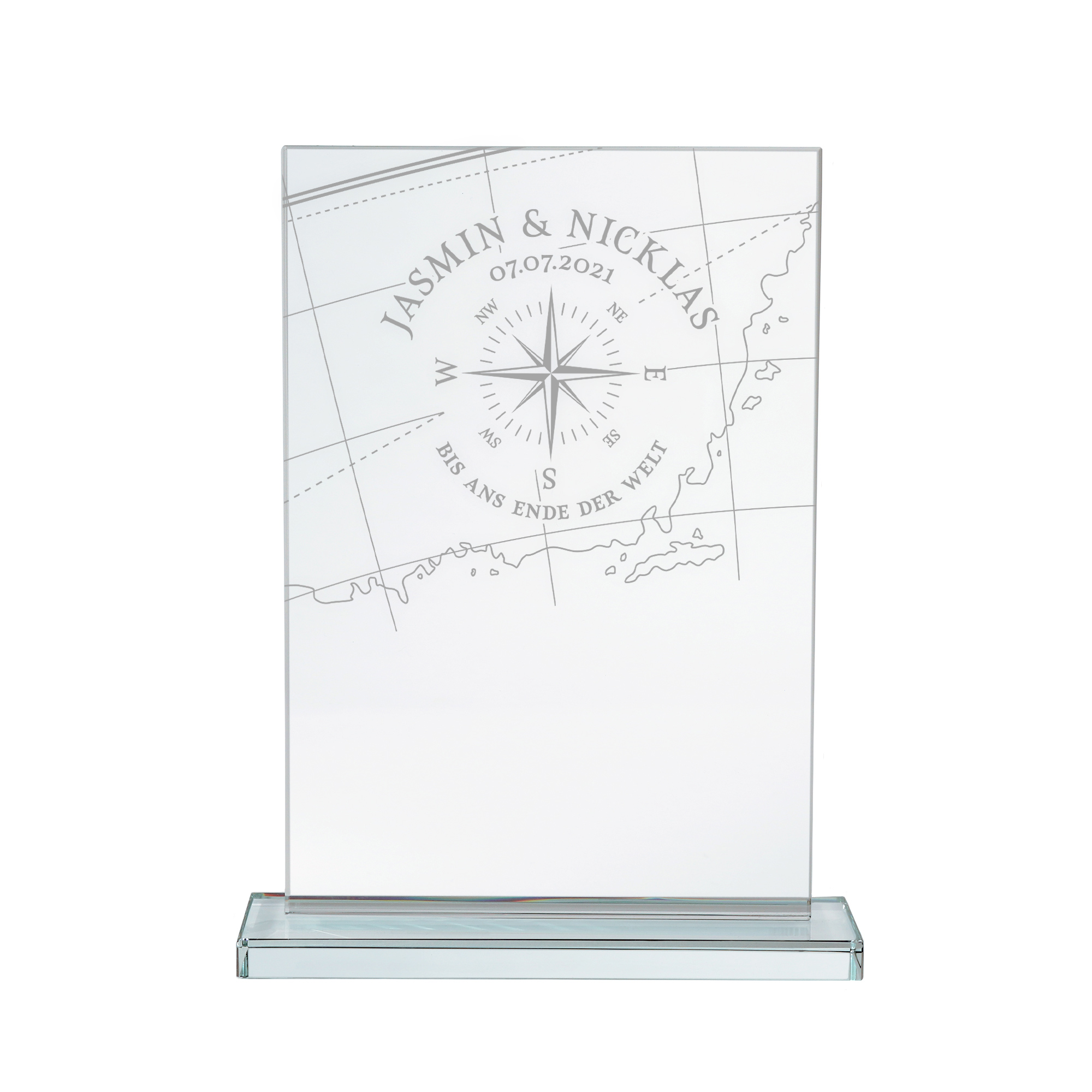 Personalisierter Glaspokal mit Namen und Datum, Glasdeko als Hochzeitsgeschenk für Pärchen, Pokal mit Liebeskompass Gravur als Geschenk fürs Brautp