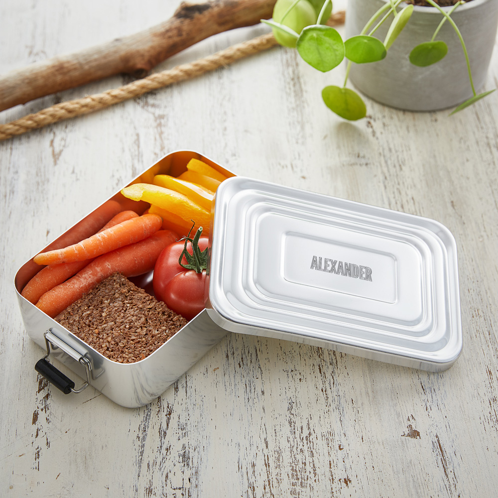 Eckige Brotdose mit Gravur aus Aluminium - Lunchbox - Personalisiert