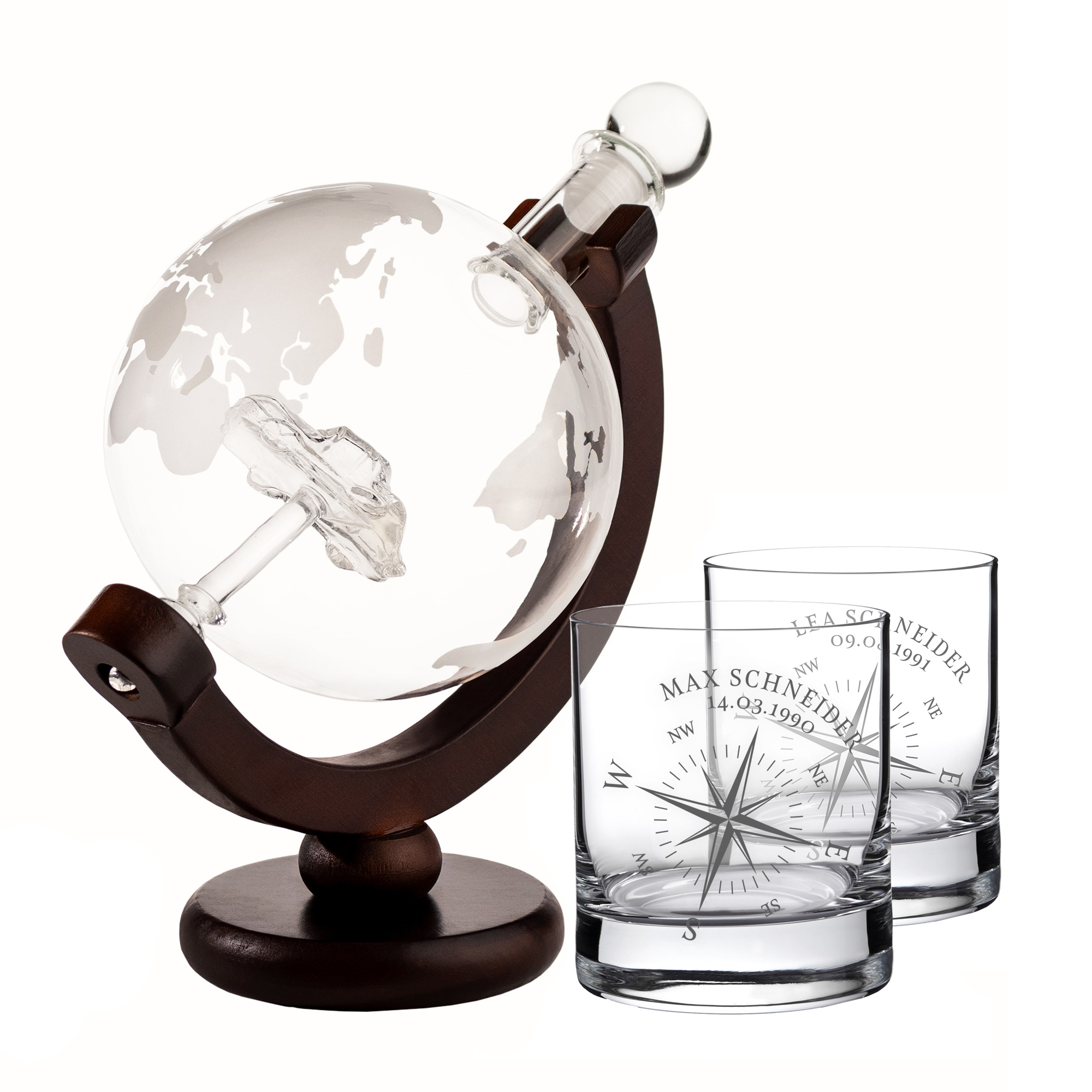 Whiskyset - Karaffe Globus mit Auto und 2 Whiskygläser - Kompass - Personalisiert