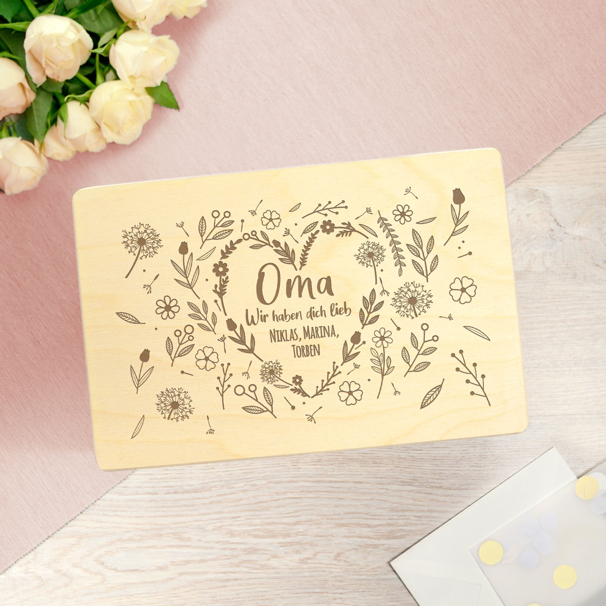 Personalisierte Erinnerungsbox - Blumenherz für Oma