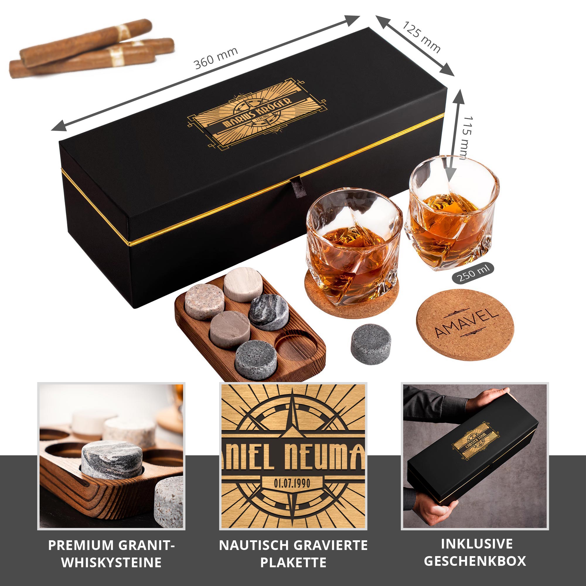 Whisky Geschenkset Box mit Gläsern und Kühlsteinen, Whiskygläser mit Kork Untersetzern, Geschenkbox mit Granit Whiskysteinen und Kompass Gravur