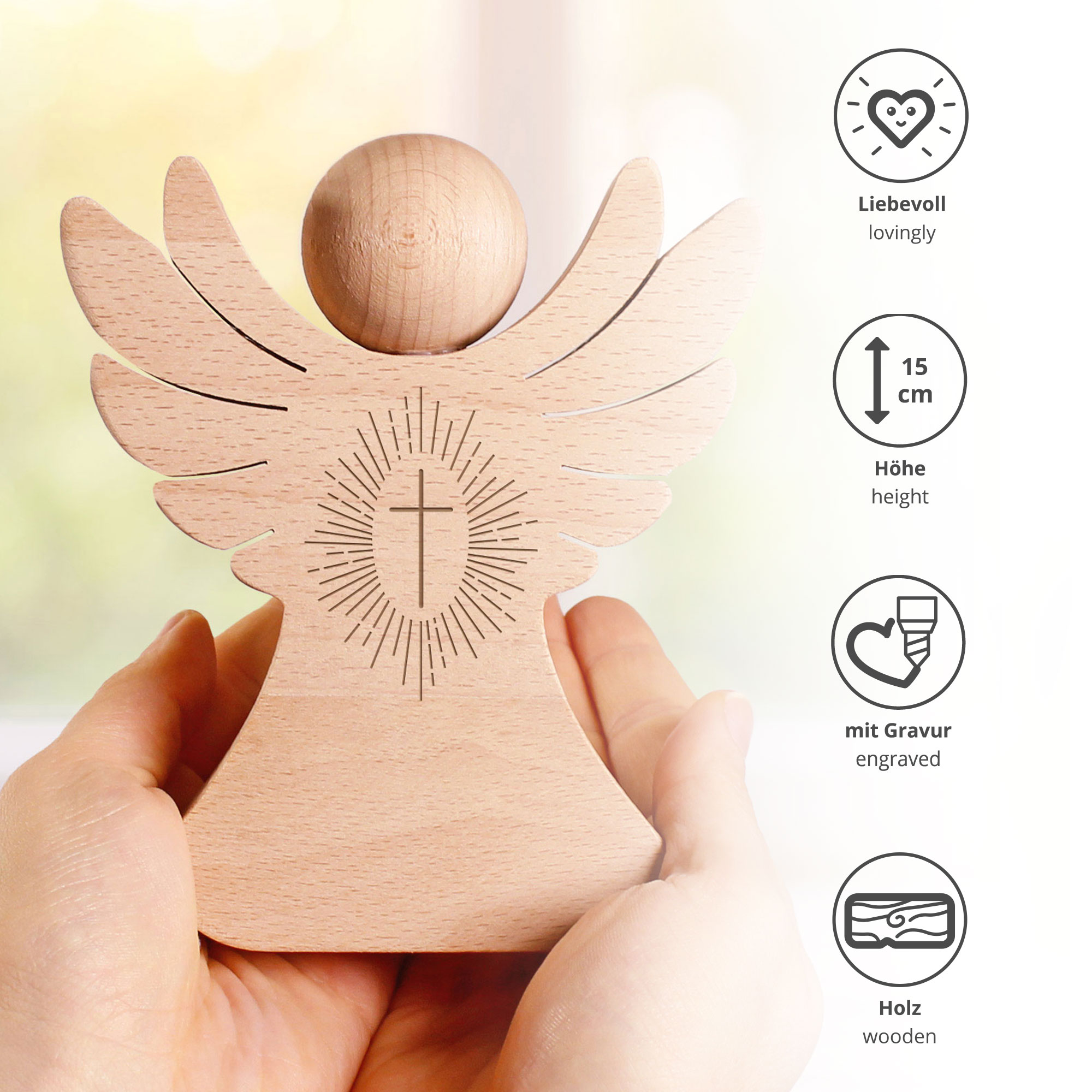 Engel aus Holz mit Gravur - Kreuz