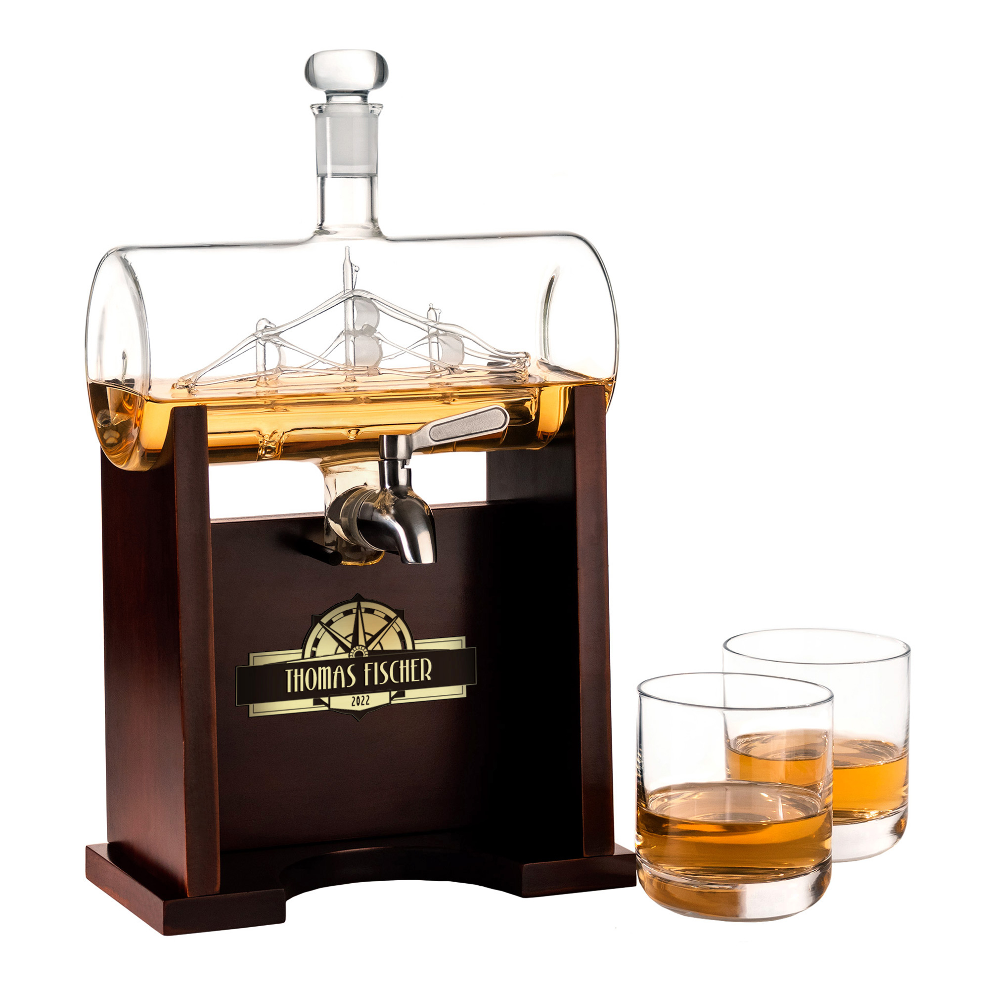 Whisky Set mit Gravur - Karaffe Fass mit 2 Whiskygläsern