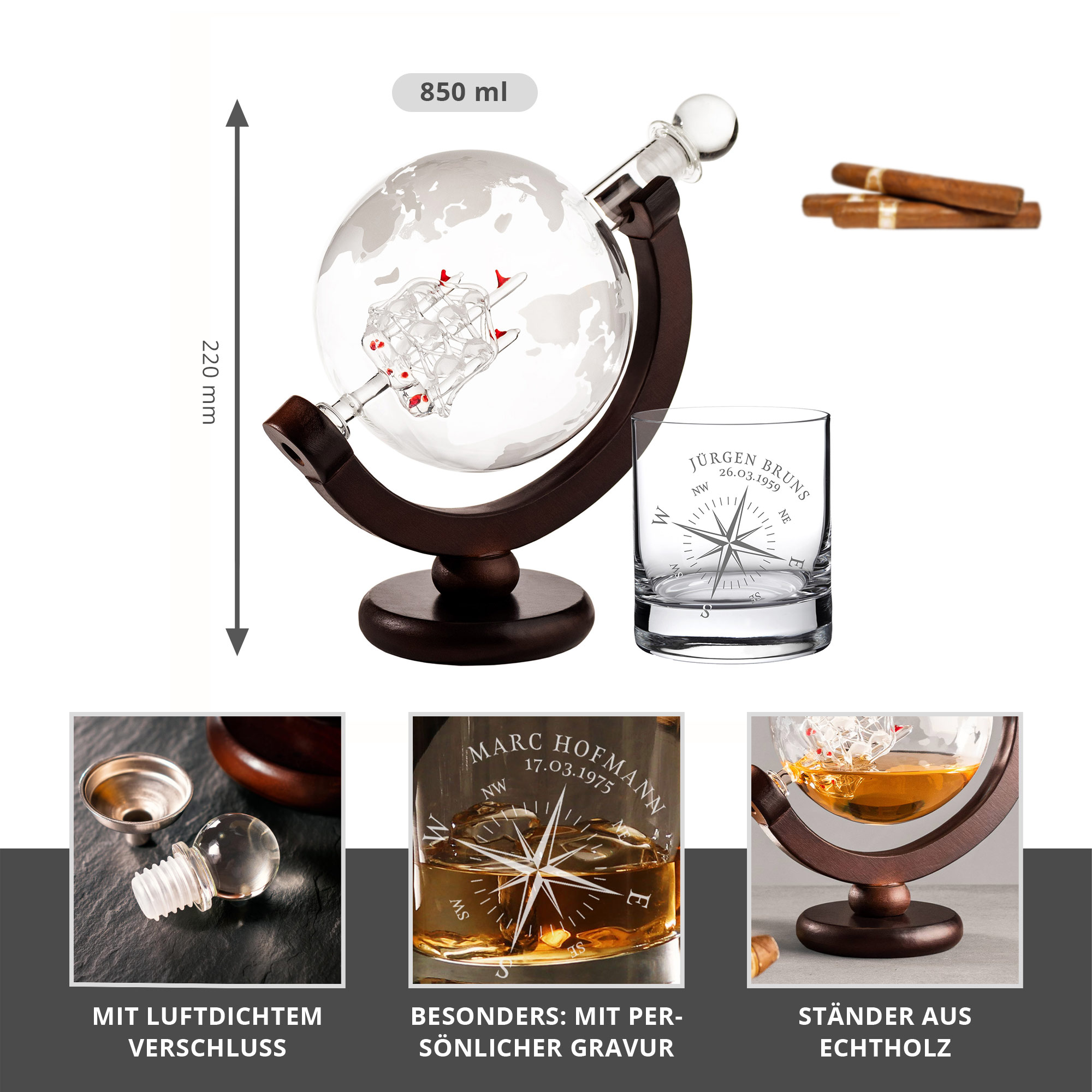 Whisky Set - Karaffe Globus und Whiskyglas - Kompass