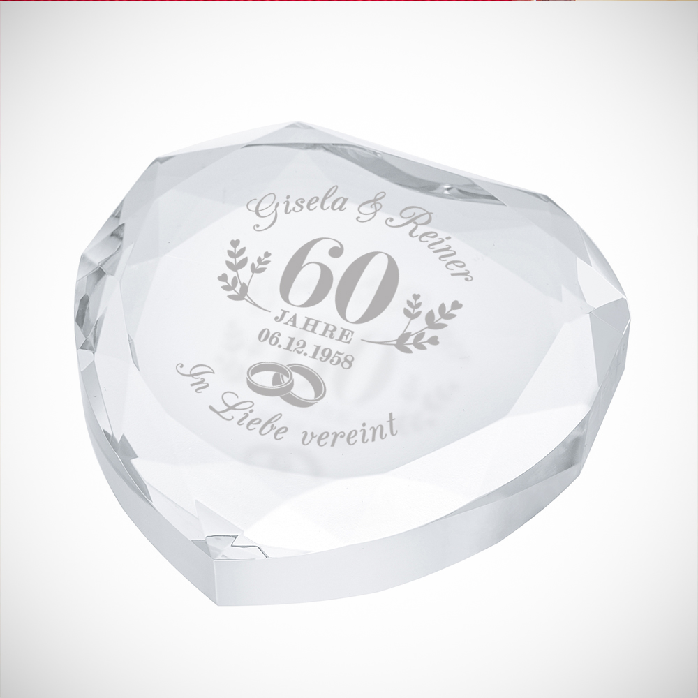 Herzkristall mit Gravur zur Diamantenen Hochzeit - Personalisiert