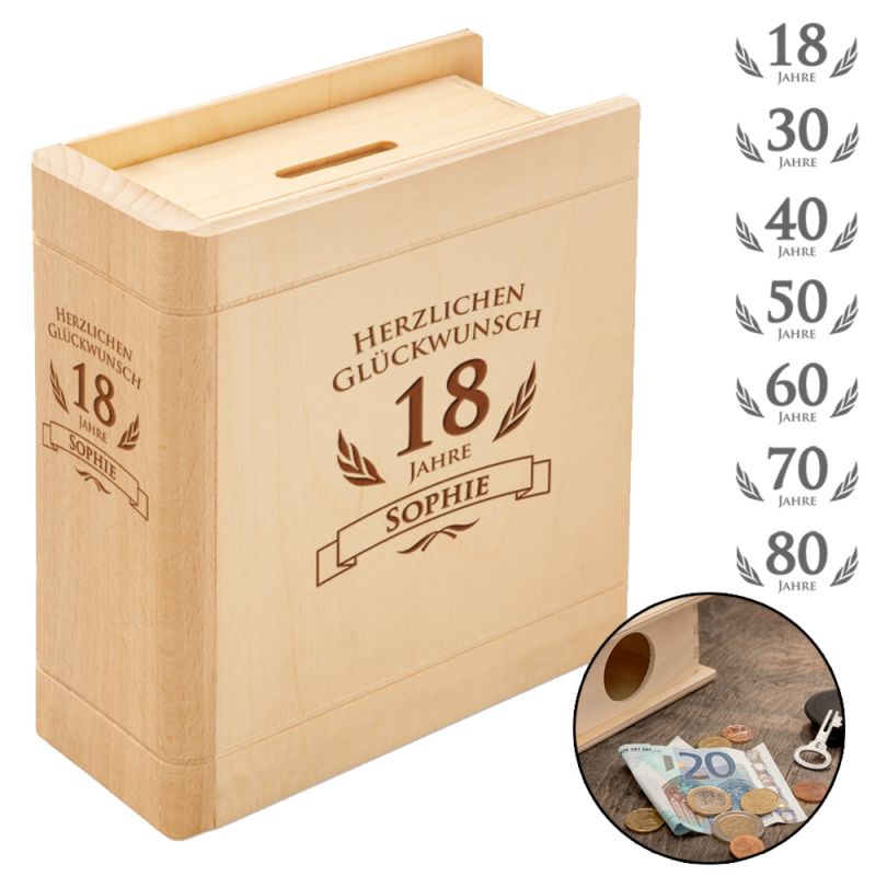 Spardose Buch aus Holz zum Geburtstag - Personalisiert