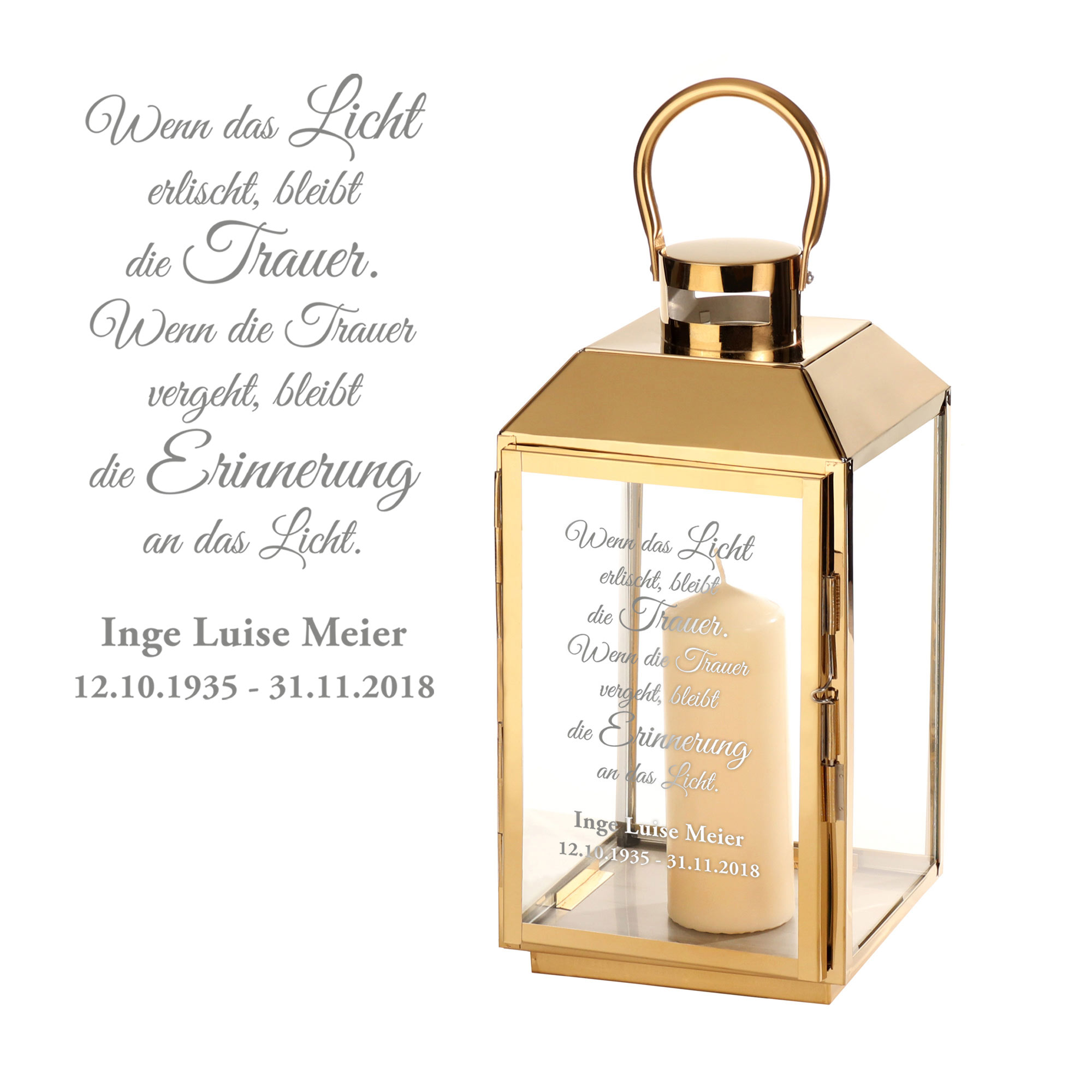 Laterne aus Edelstahl - Graviert mit Trauer Spruch - Personalisiert