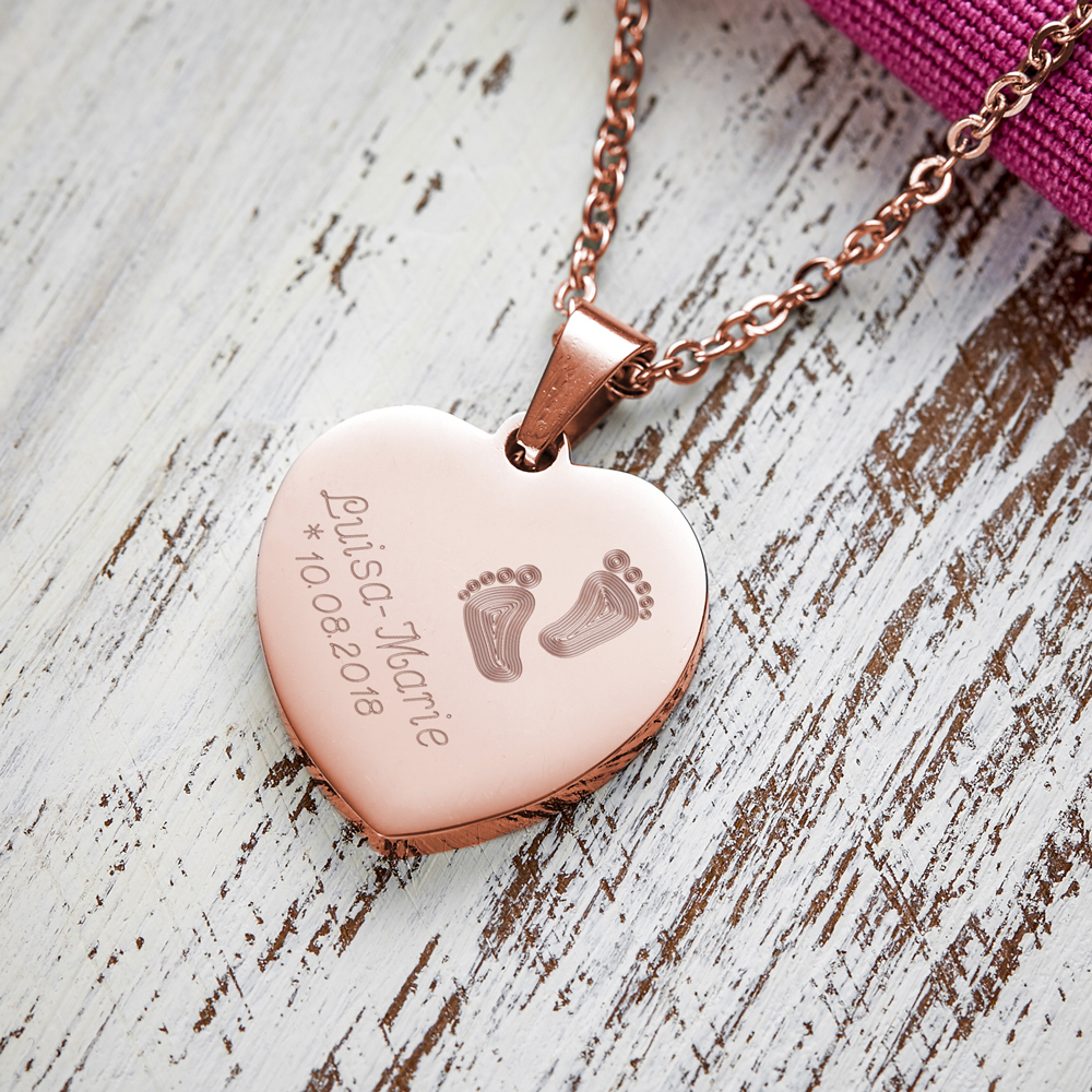 Herz Anhänger Kette mit Gravur Babyfuss - Rose - Personalisiert