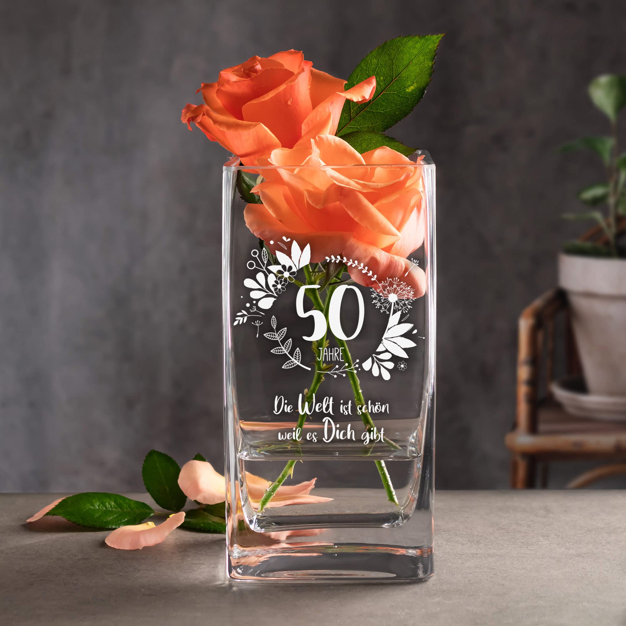 Eckige Vase mit Gravur zum 50. Geburtstag