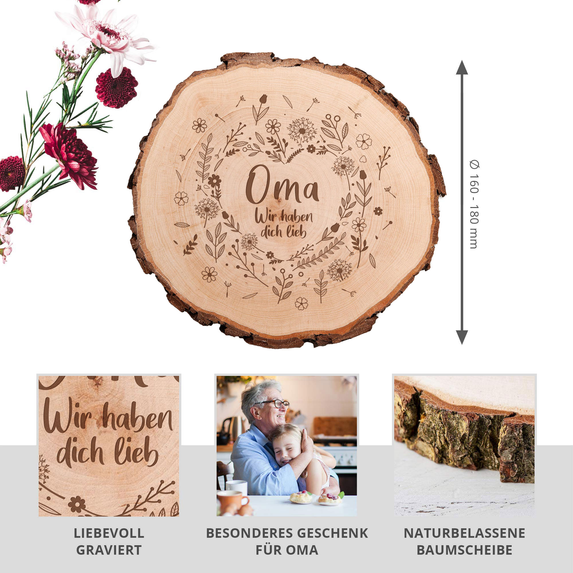 Baumscheibe mit Blumenherz Gravur für Oma