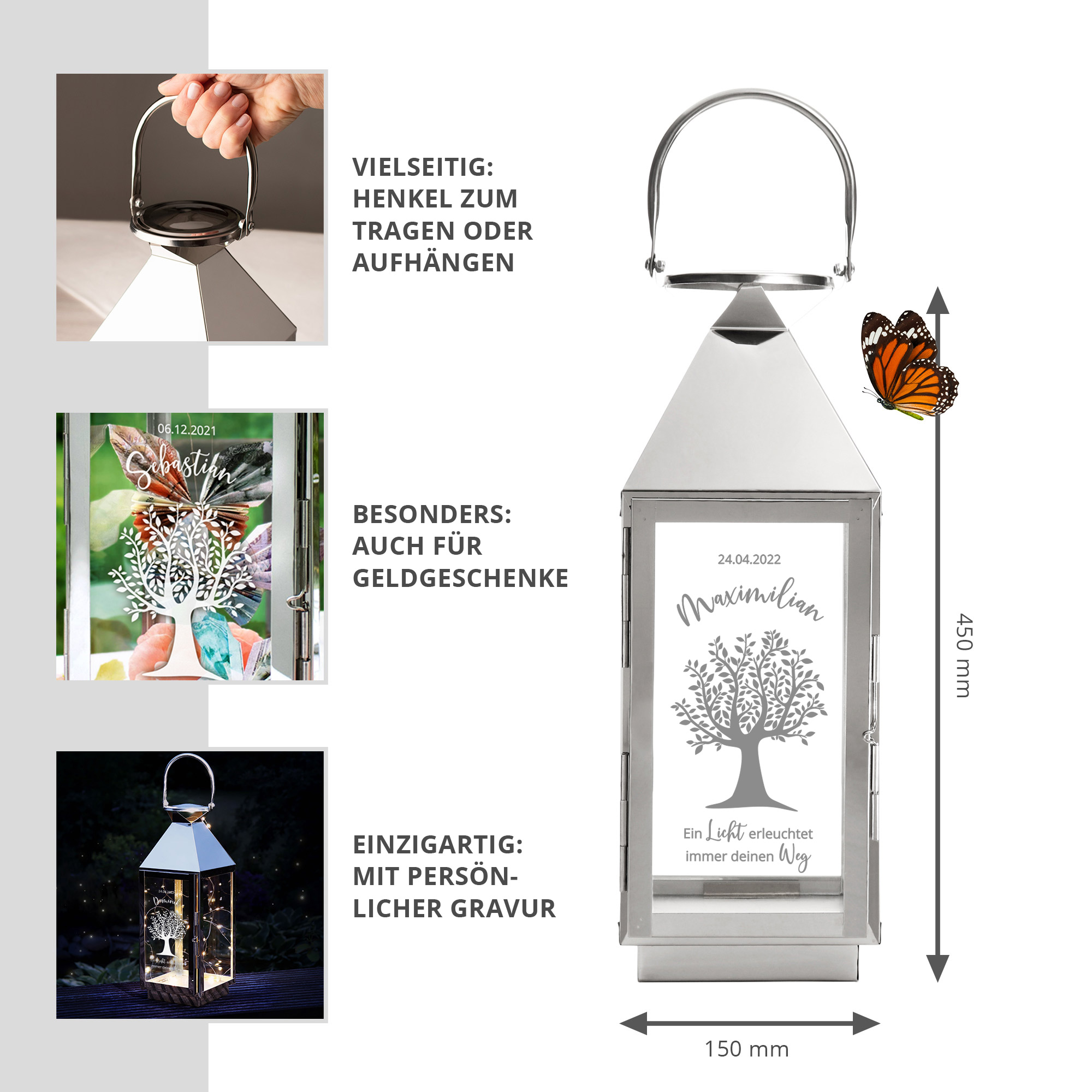 Edelstahl Laterne für draußen und drinnen, silbernes Windlicht mit personalisierter Gravur, Kerzenlaterne als Geschenk zur Geburt oder Taufe