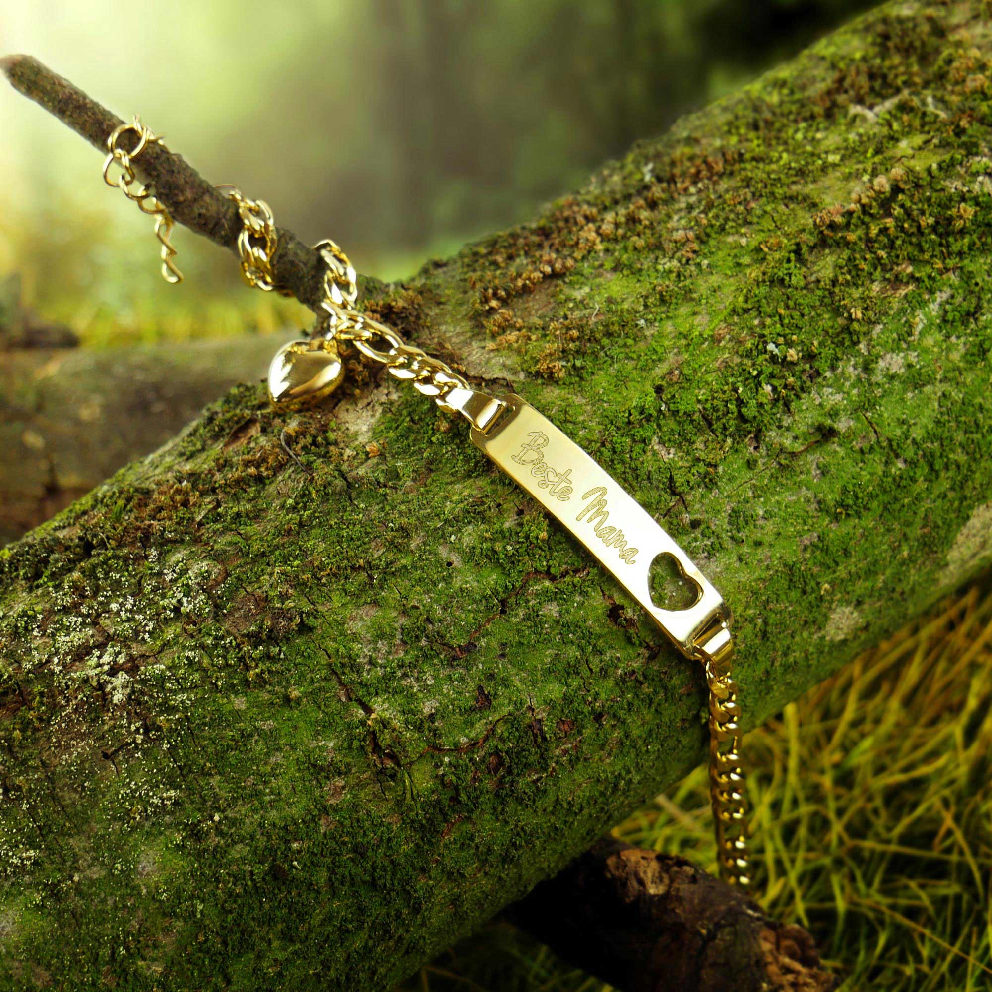 Gold Armband mit Gravur für Beste Mama - Herzstanze
