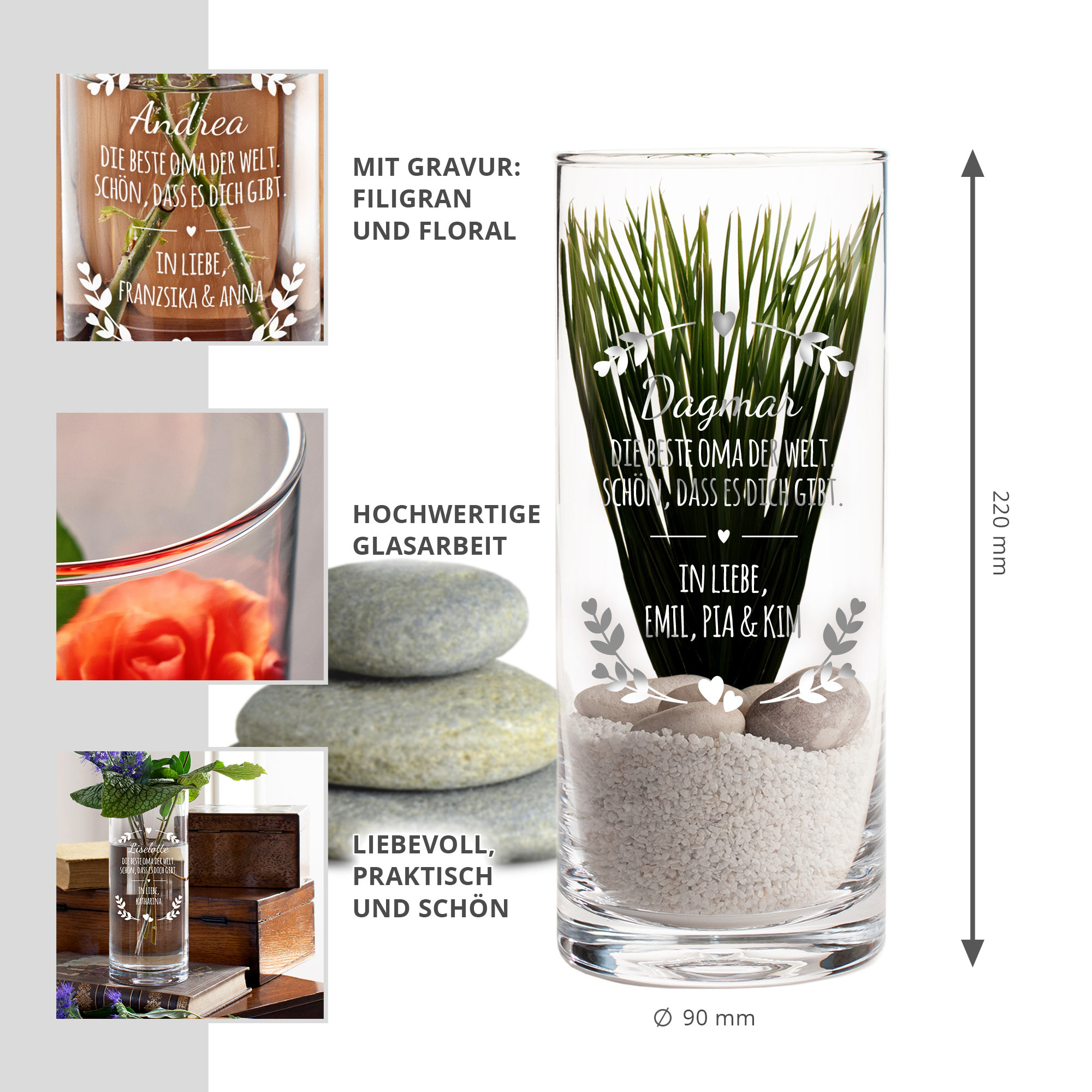 Runde Vase mit Gravur für die Beste Oma