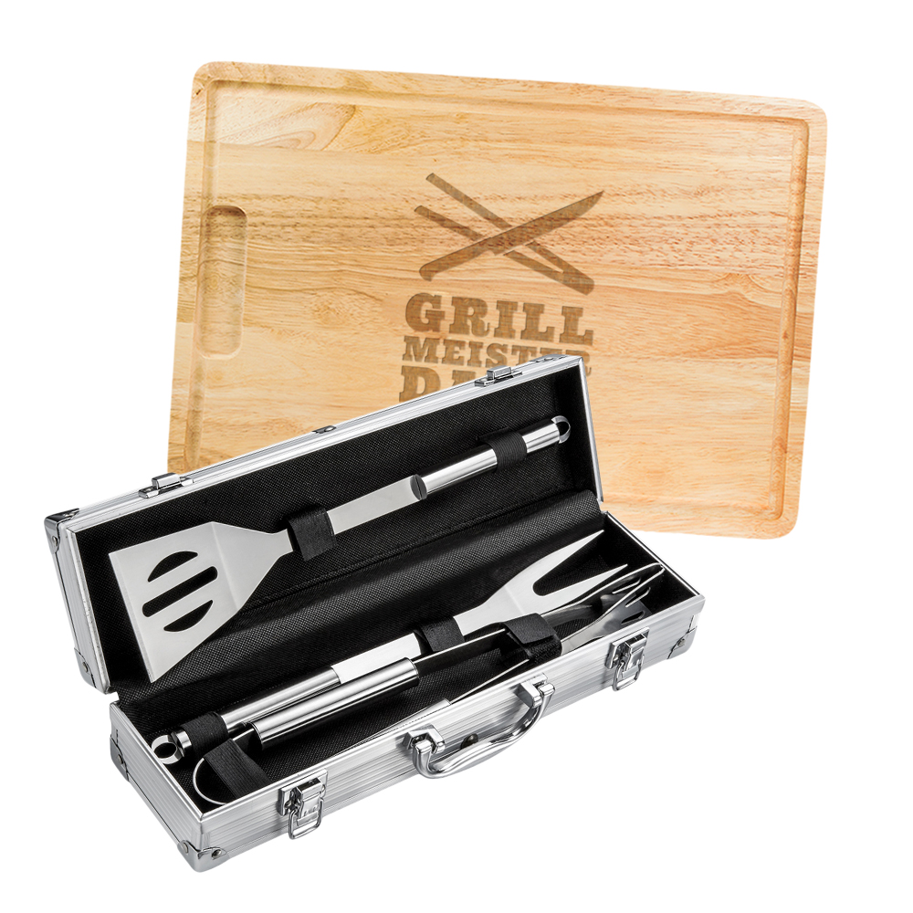 Grillset - Grillbesteck im Koffer und Schneidebrett mit Gravur Grillmeister